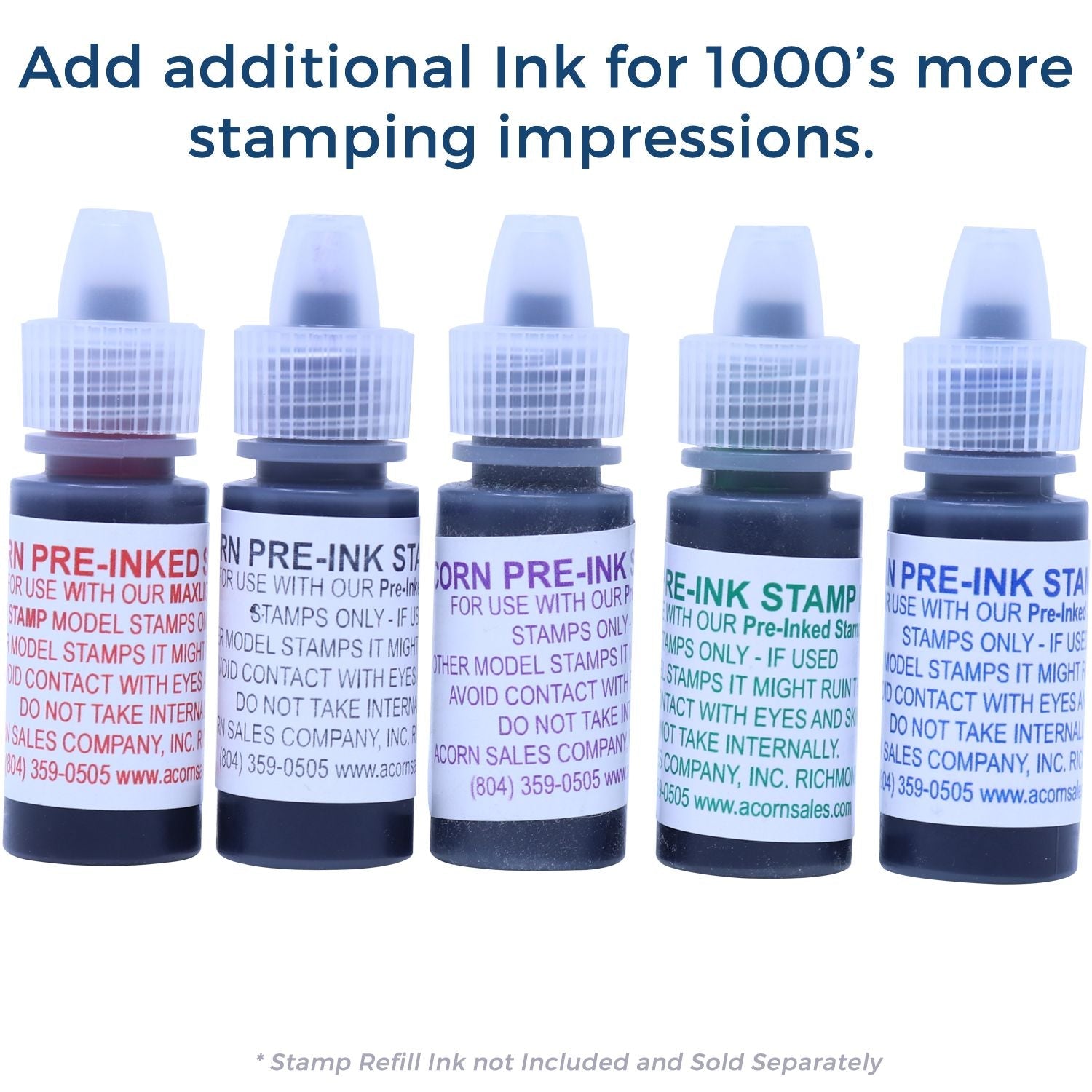 Five bottles of ink for the MaxLight XL2-125 Custom Pre-Inked Business Stamp 1 x 2, labeled for use with pre-inked stamps.