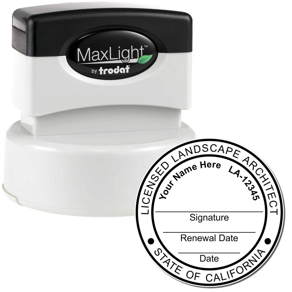 The main image for the Premium MaxLight Pre-Inked California Landscape Architectural Stamp depicting a sample of the imprint and electronic files