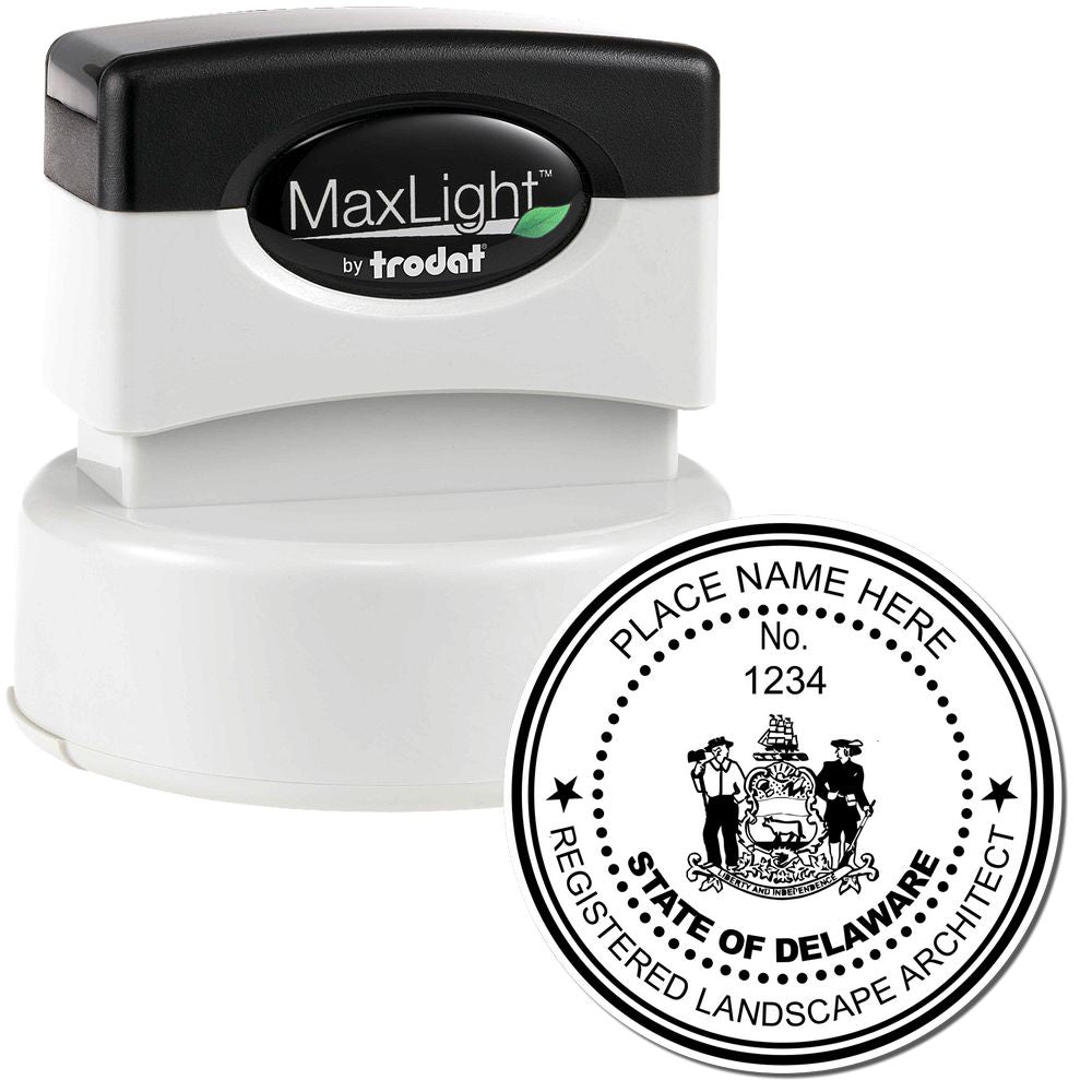 The main image for the Premium MaxLight Pre-Inked Delaware Landscape Architectural Stamp depicting a sample of the imprint and electronic files