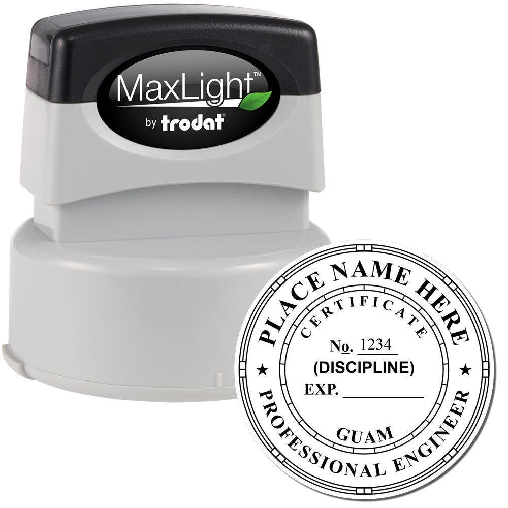 The main image for the Premium MaxLight Pre-Inked Guam Engineering Stamp depicting a sample of the imprint and electronic files