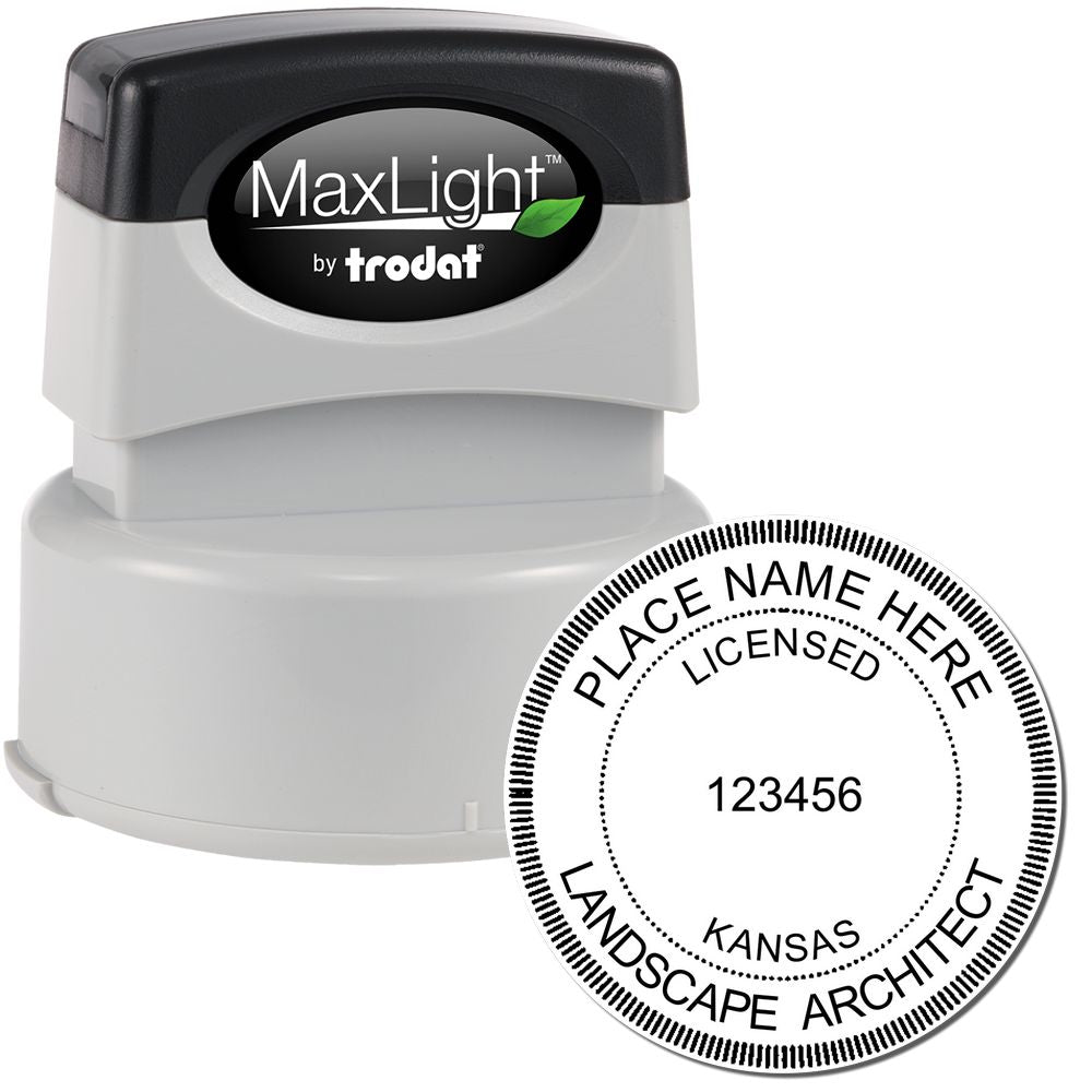 The main image for the Premium MaxLight Pre-Inked Kansas Landscape Architectural Stamp depicting a sample of the imprint and electronic files