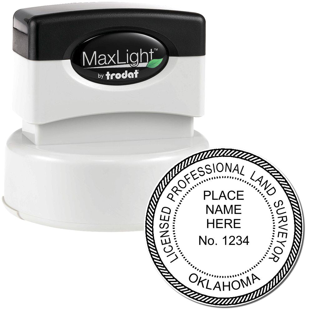 Premium MaxLight Pre-Inked Oklahoma Surveyors Stamp, black and white, with customizable text for licensed professional land surveyors.