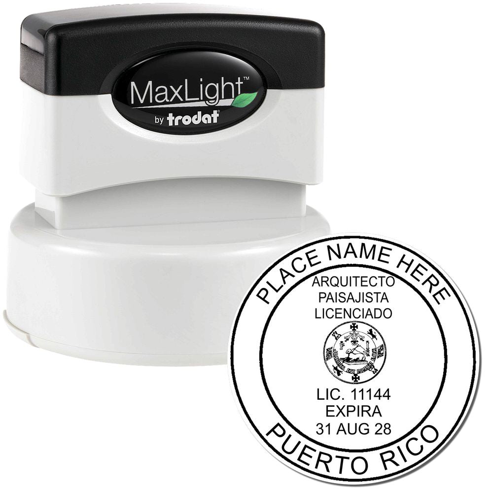 The main image for the Premium MaxLight Pre-Inked Puerto Rico Landscape Architectural Stamp depicting a sample of the imprint and electronic files