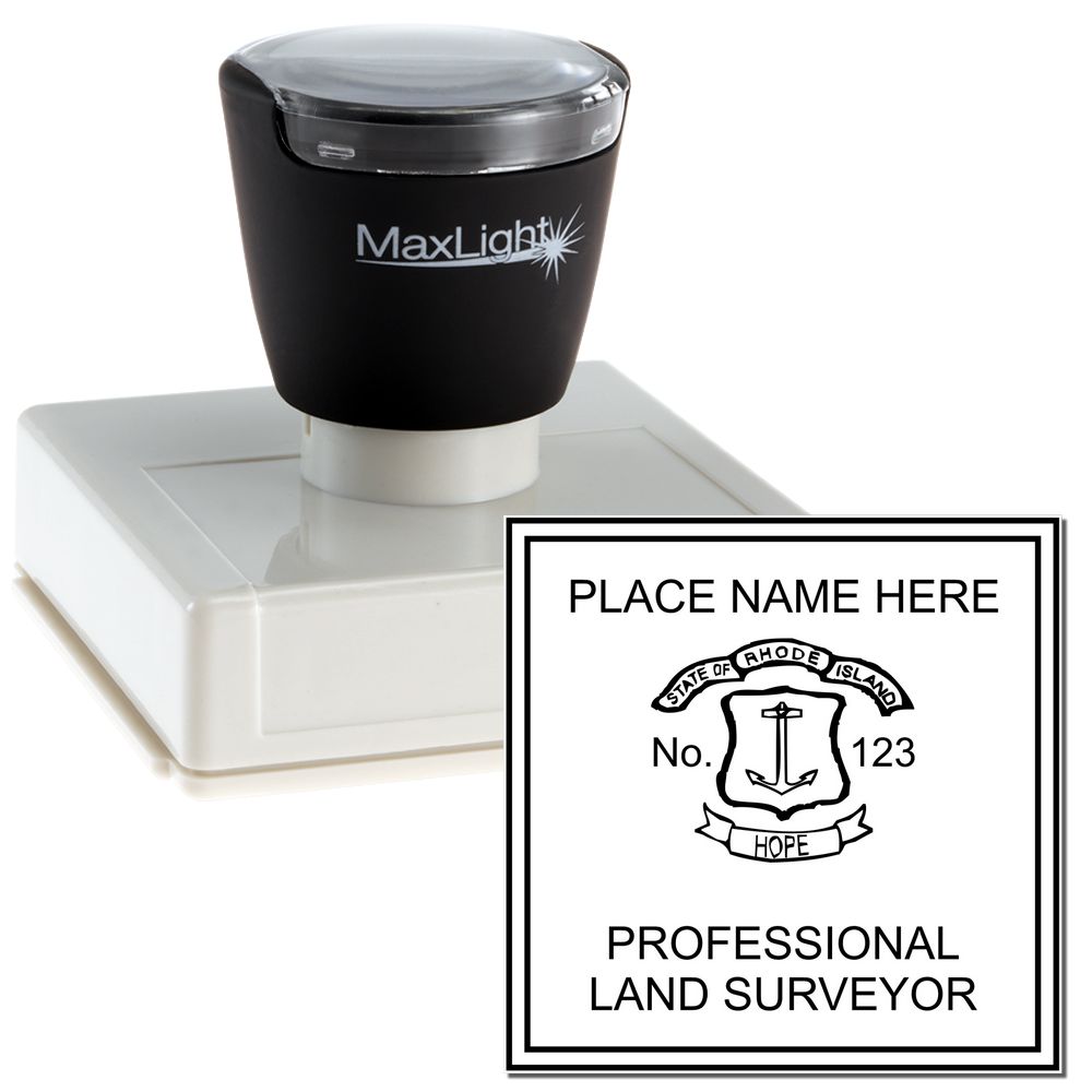 Premium MaxLight Pre-Inked Rhode Island Surveyors Stamp with black handle and square imprint area, featuring state seal and surveyor details.