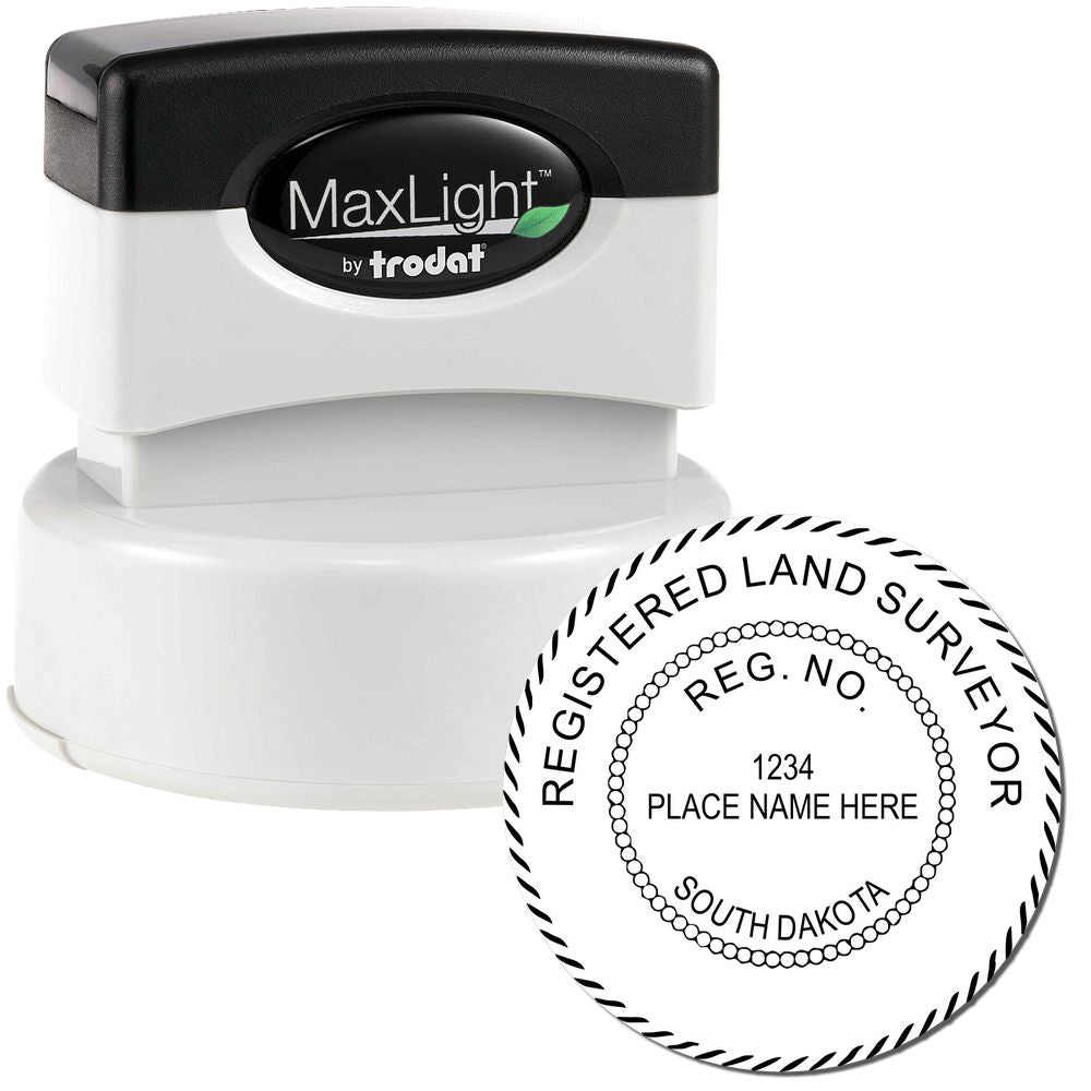 Premium MaxLight Pre-Inked South Dakota Surveyors Stamp with black handle and round imprint showing "Registered Land Surveyor" and customizable details.