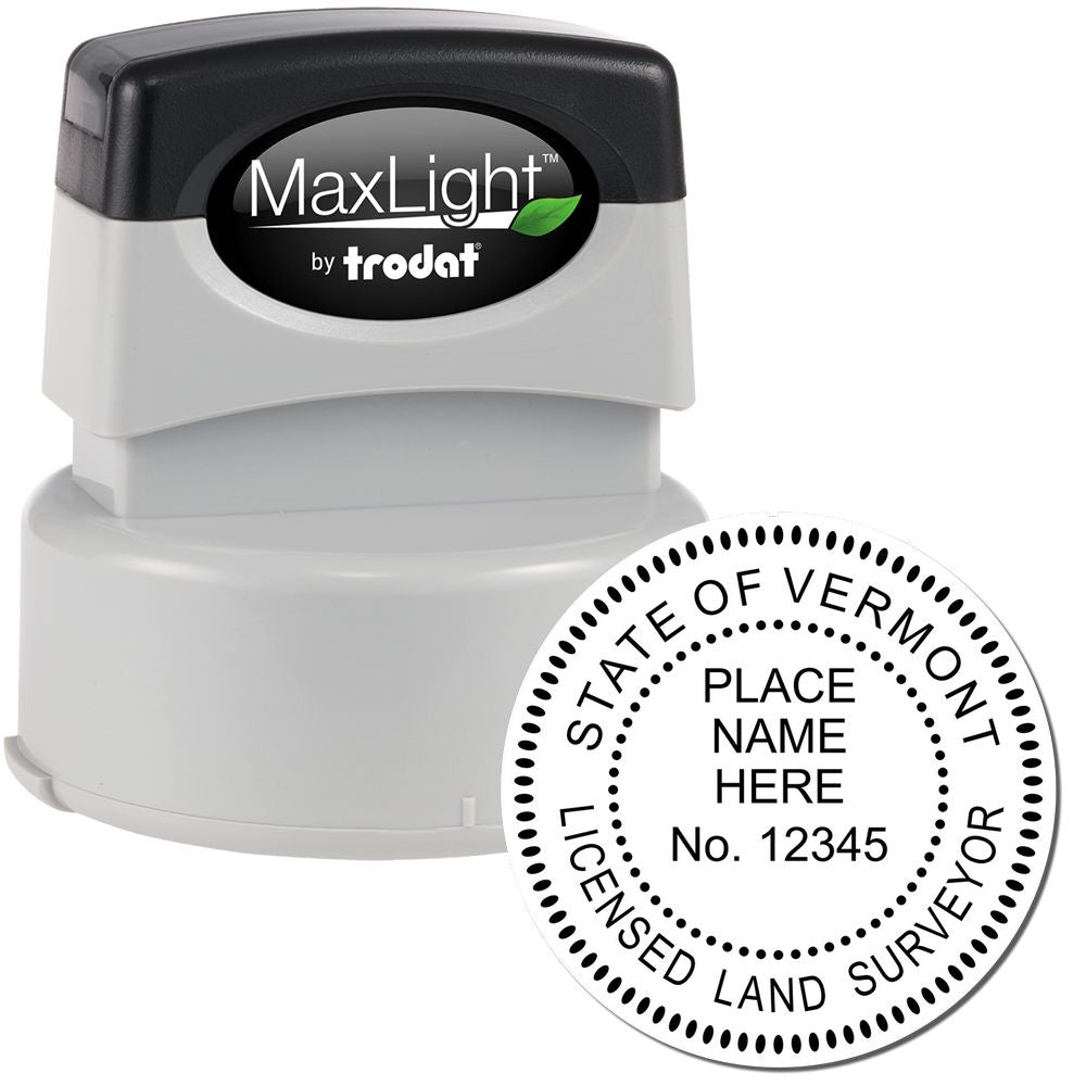 Premium MaxLight Pre-Inked Vermont Surveyors Stamp with a black and gray handle, and a sample circular stamp imprint for licensed land surveyors.