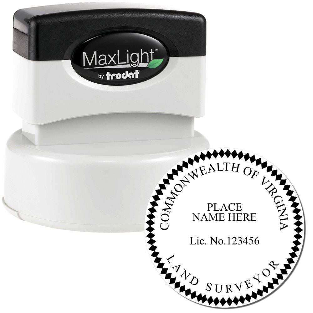 Premium MaxLight Pre-Inked Virginia Surveyors Stamp, round design, black and white, with customizable text for name and license number.