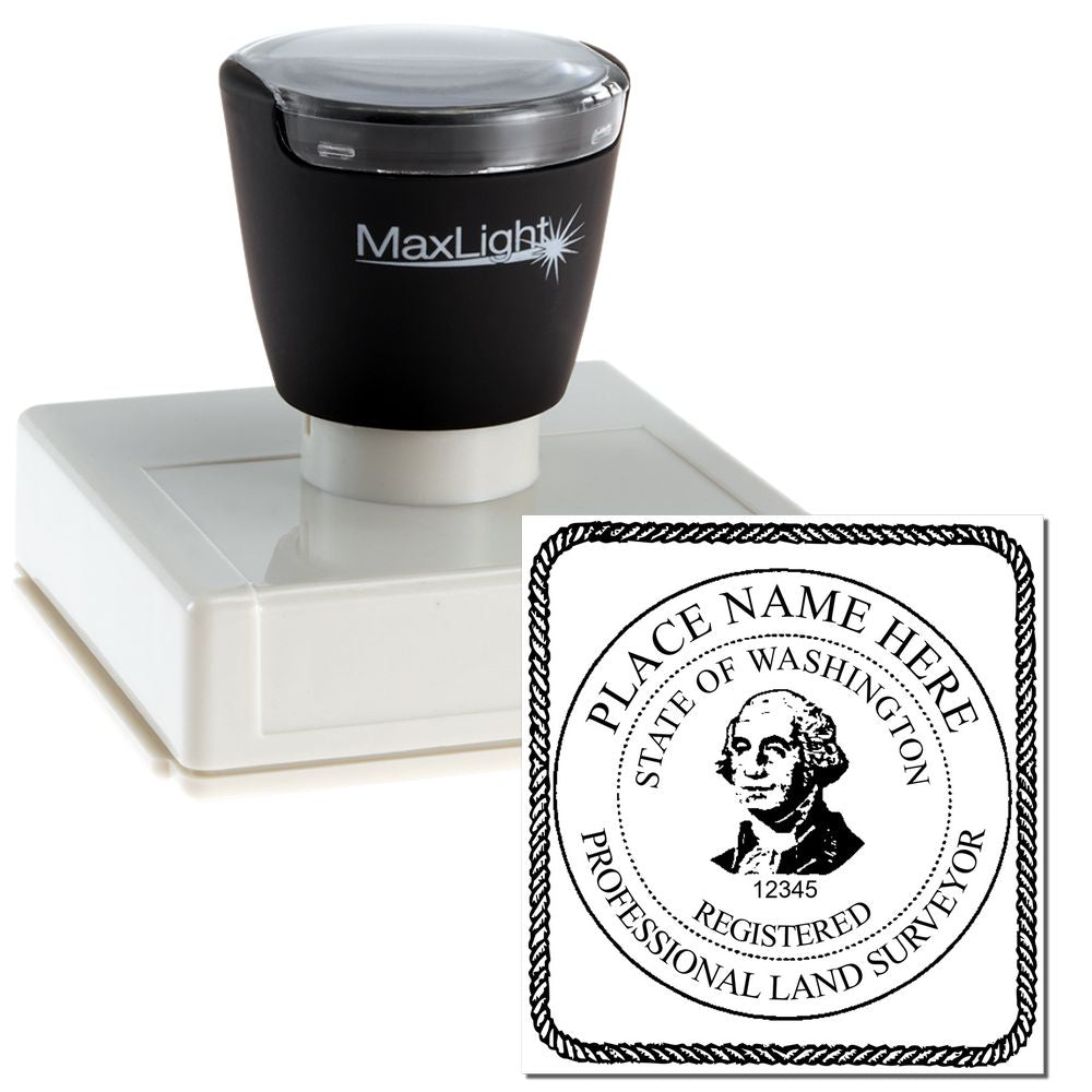 Premium MaxLight Pre-Inked Washington Surveyors Stamp with a black handle and a sample imprint showing George Washington's image and surveyor details.