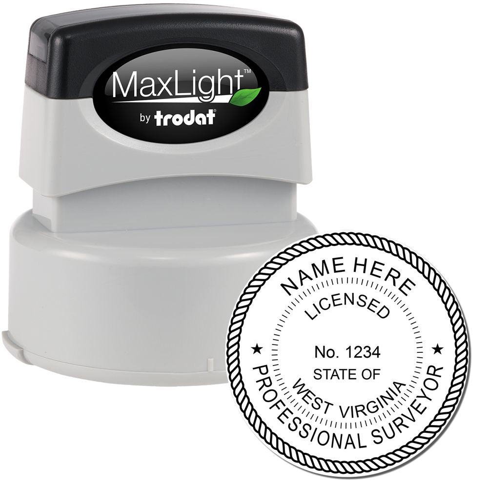 Premium MaxLight Pre-Inked West Virginia Surveyors Stamp with customizable text, featuring a round design and durable construction.