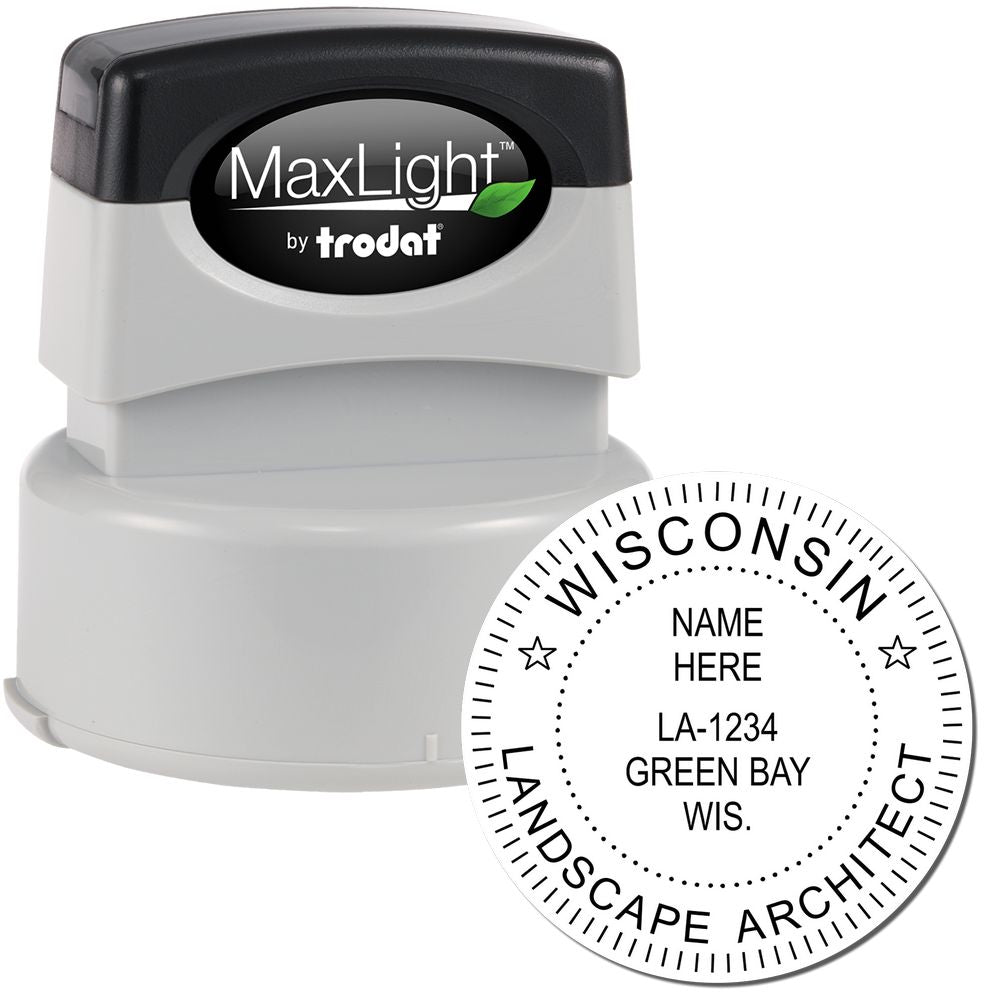 The main image for the Premium MaxLight Pre-Inked Wisconsin Landscape Architectural Stamp depicting a sample of the imprint and electronic files