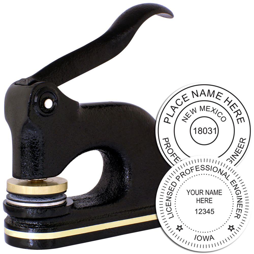 Professional Engineer Cast Iron Desk Seal Embosser in black with a gold accent, shown alongside two sample embossed seals for New Mexico and Iowa, demonstrating its use for professional engineering certifications.