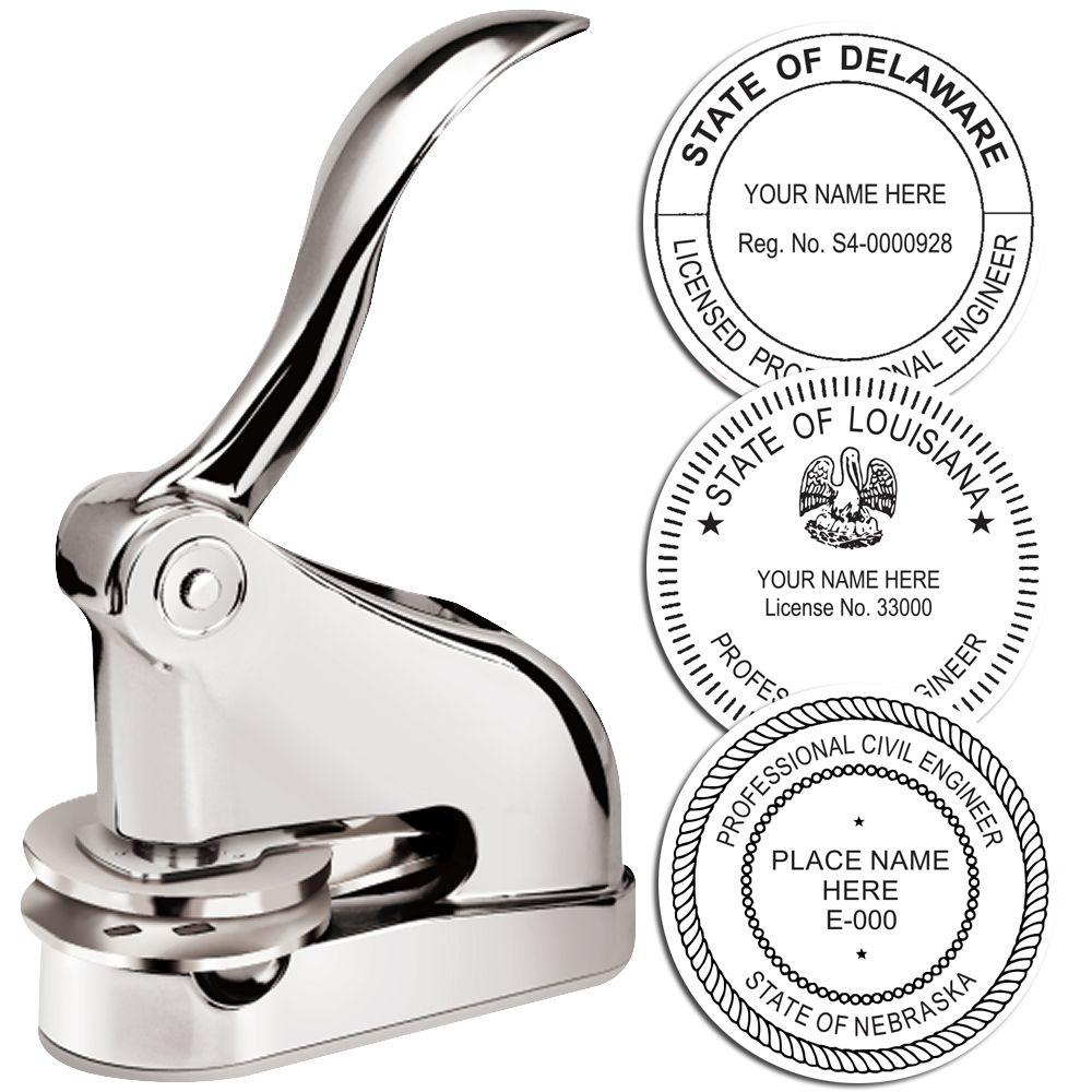 Professional Engineer Chrome Gift Seal Embosser with a sleek, shiny design, shown alongside three sample embossed seals for Delaware, Louisiana, and Nebraska.