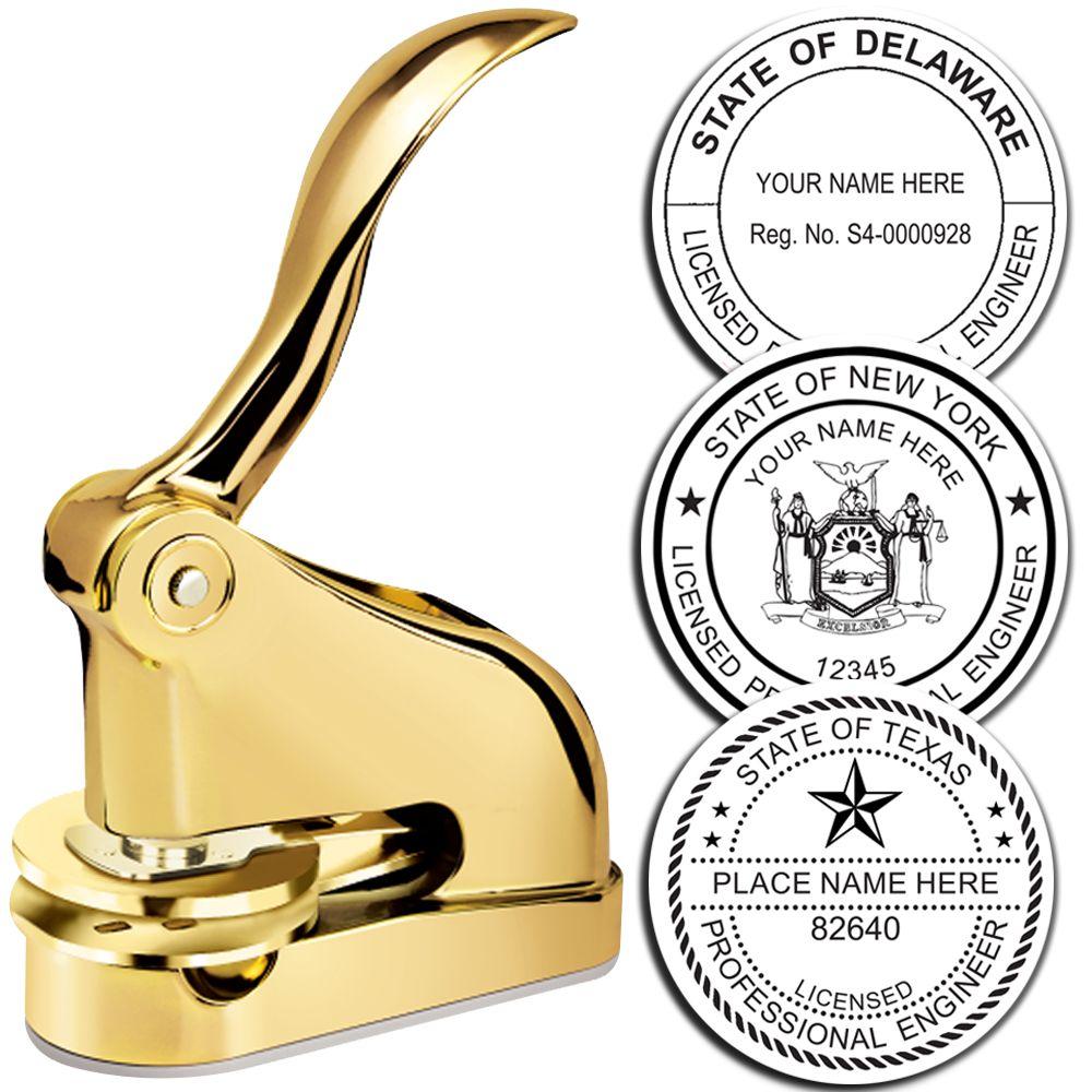 Professional Engineer Gold Gift Seal Embosser with a sleek gold finish, shown alongside sample embossed seals for Delaware, New York, and Texas, featuring customizable text for licensed professional engineers.