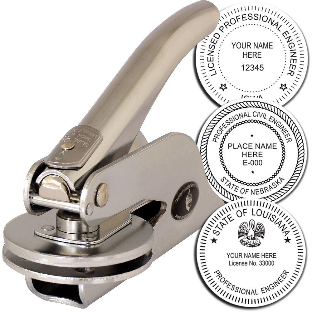 Professional Engineer Handheld Seal Embosser with a metallic finish, shown alongside three sample embossed seals for licensed professional engineers in various states.