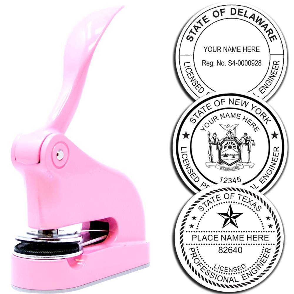 Image of a Professional Engineer Pink Gift Seal Embosser with three sample embossed seals for Delaware, New York, and Texas. The embosser is handheld and pink, designed for professional engineers.