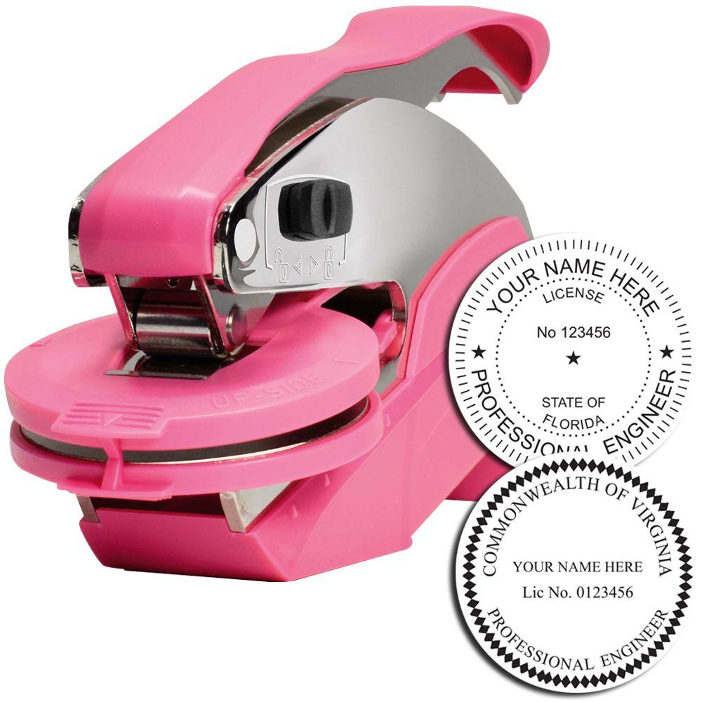 Professional Engineer Pink Hybrid Handheld Seal Embosser with a pink handle and two sample embossed seals showing customizable text for professional engineers.