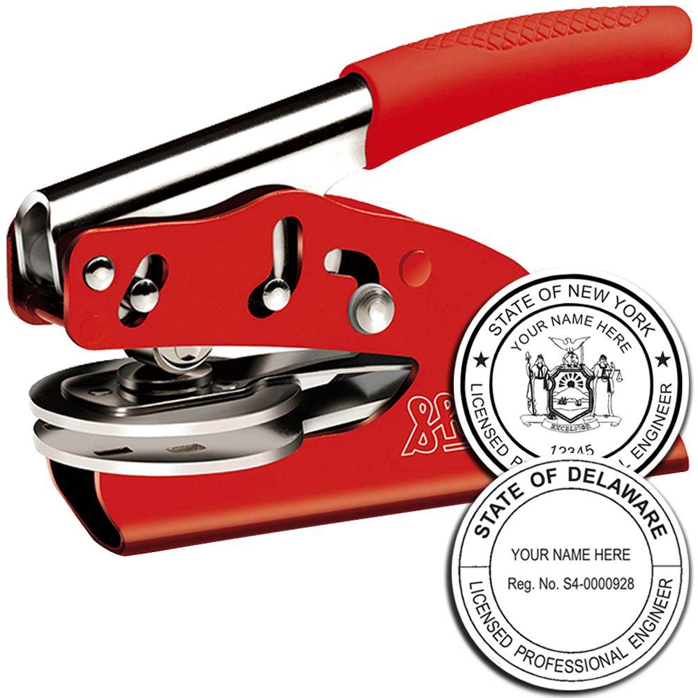 Professional Engineer Red Soft Seal Embosser with a red handle and metal components, shown with two sample embossed seals for New York and Delaware state licenses.