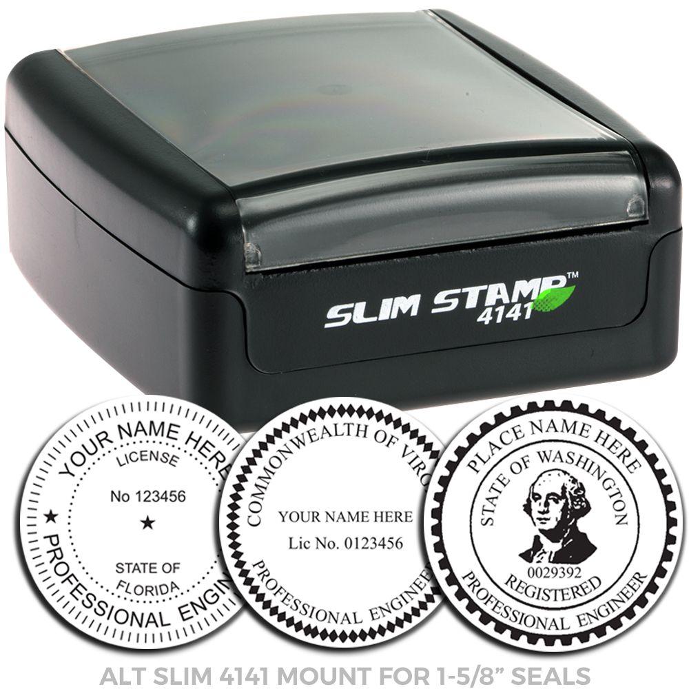 Professional Engineer Slim Pre-Inked Stamp of Seal, featuring a compact black casing with SLIM STAMP 4141 branding, and customizable seal designs for various states, including license number and professional title.