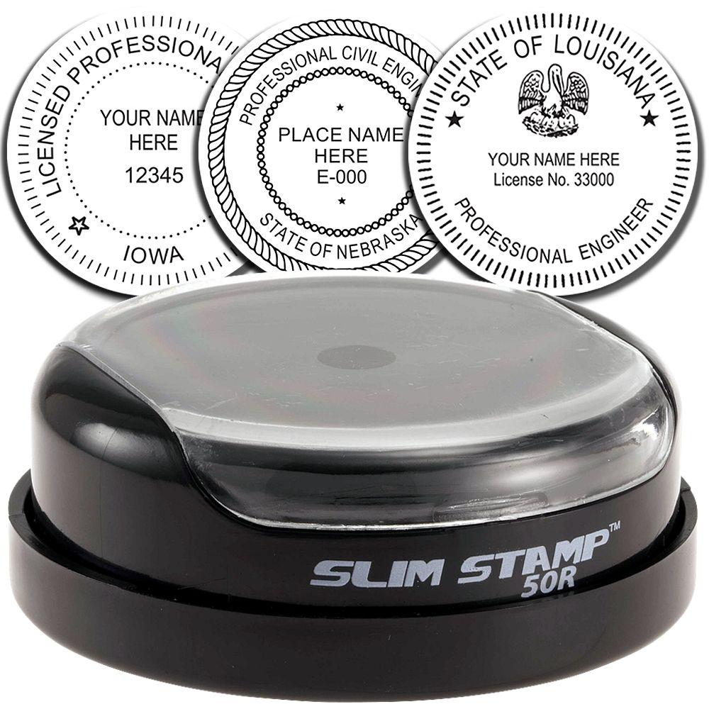 Professional Engineer Slim Pre-Inked Stamp of Seal, black and round, with clear cover, shown with sample imprints for various states including Iowa, Nebraska, and Louisiana.