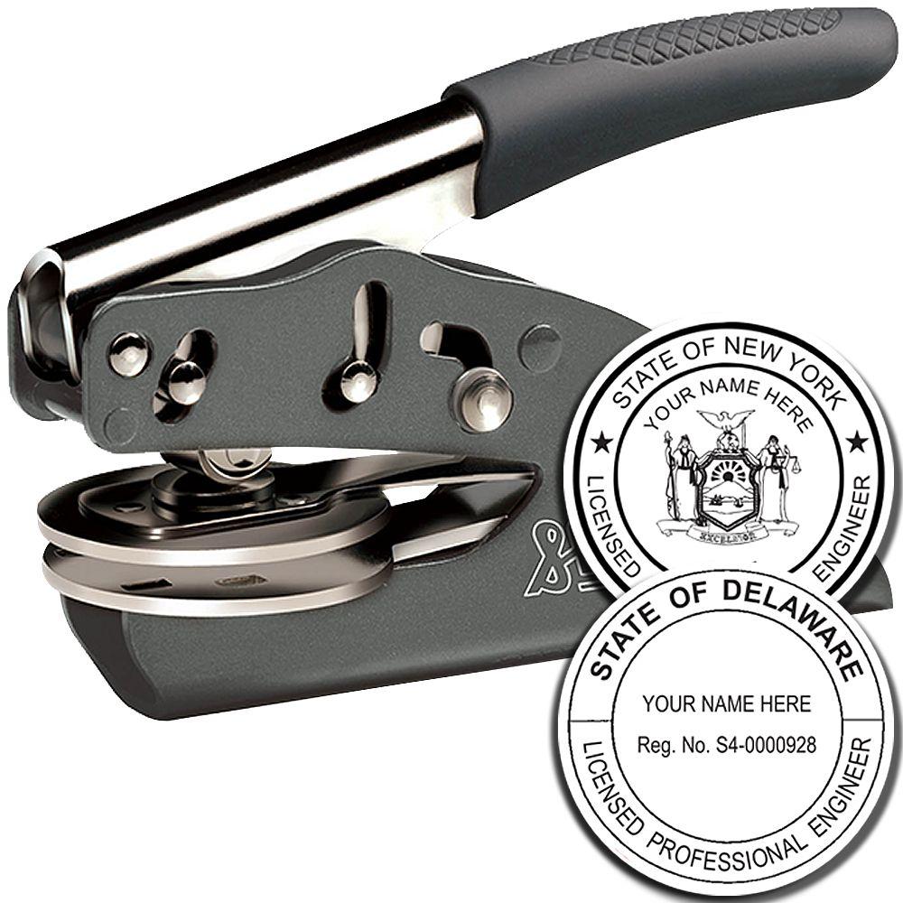 Professional Engineer Soft Seal Embosser with a black handle and metal body, shown with embossed seals for the State of New York and State of Delaware.