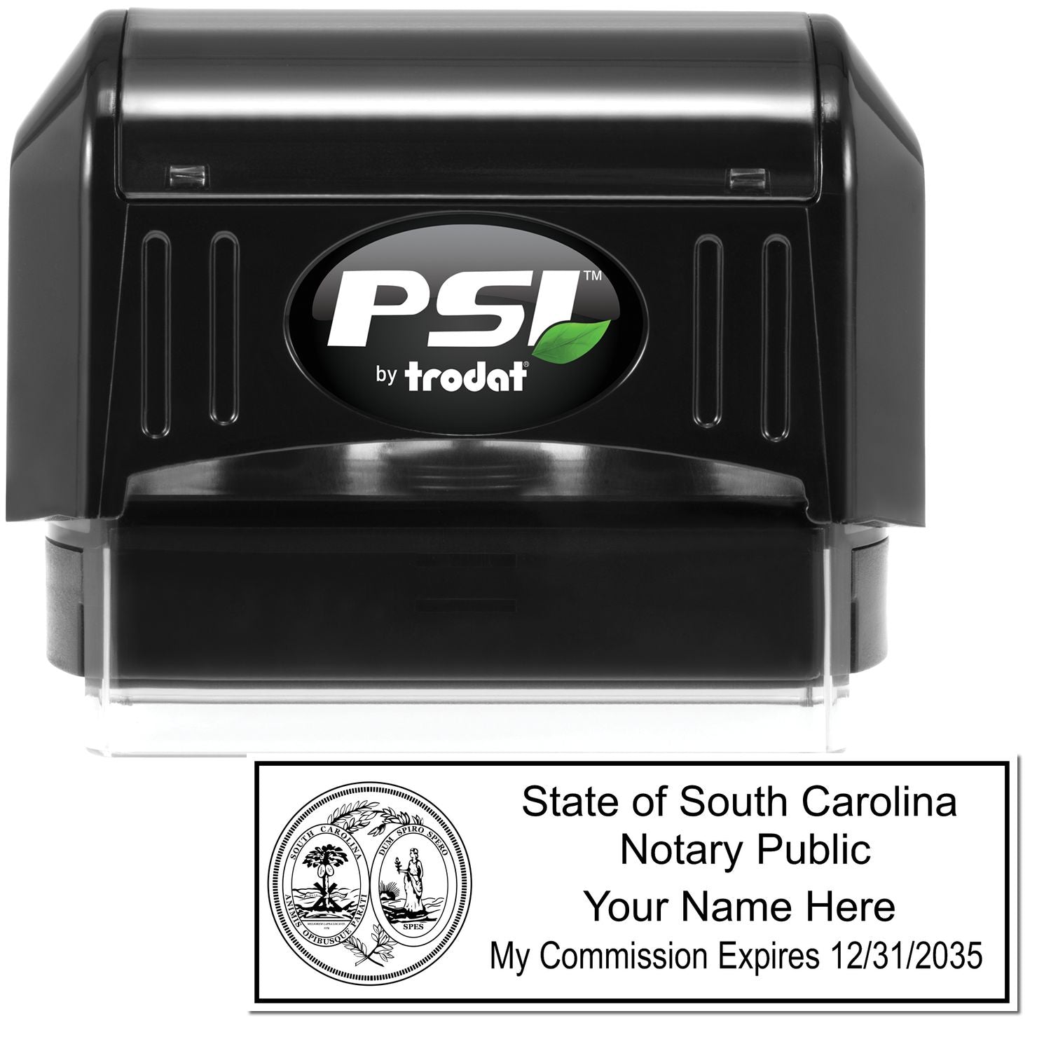 The main image for the PSI South Carolina Notary Stamp depicting a sample of the imprint and electronic files