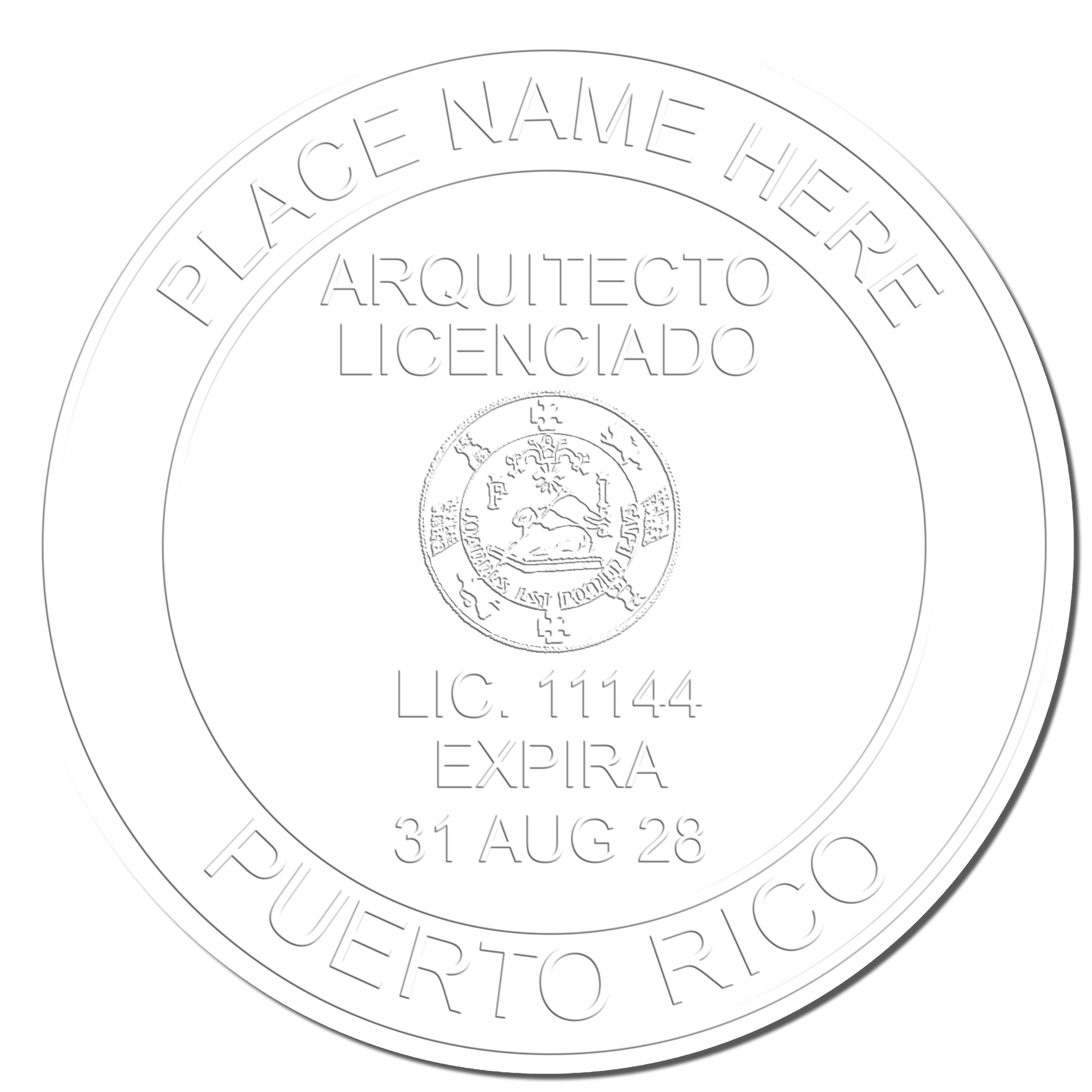 A photograph of the Extended Long Reach Puerto Rico Architect Seal Embosser stamp impression reveals a vivid, professional image of the on paper.