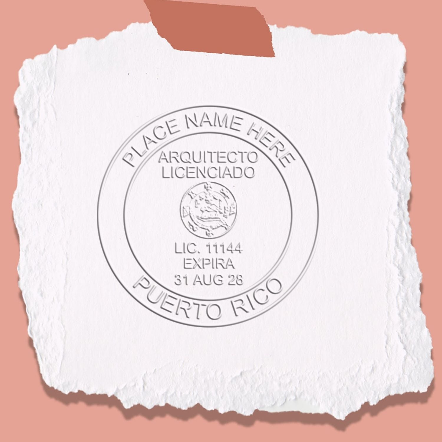 A stamped impression of the Puerto Rico Desk Architect Embossing Seal in this stylish lifestyle photo, setting the tone for a unique and personalized product.