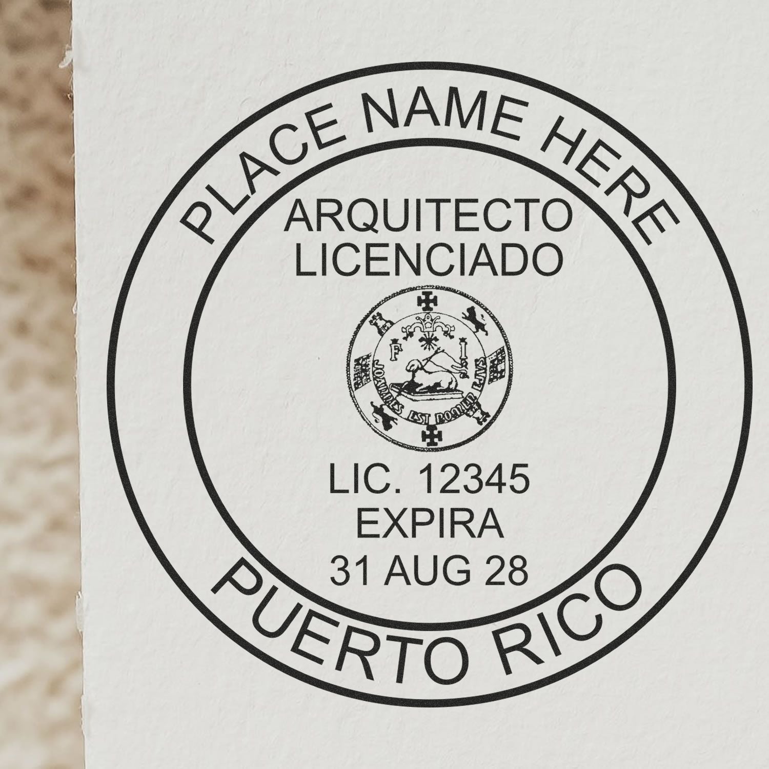 Slim Pre-Inked Puerto Rico Architect Seal Stamp in use photo showing a stamped imprint of the Slim Pre-Inked Puerto Rico Architect Seal Stamp