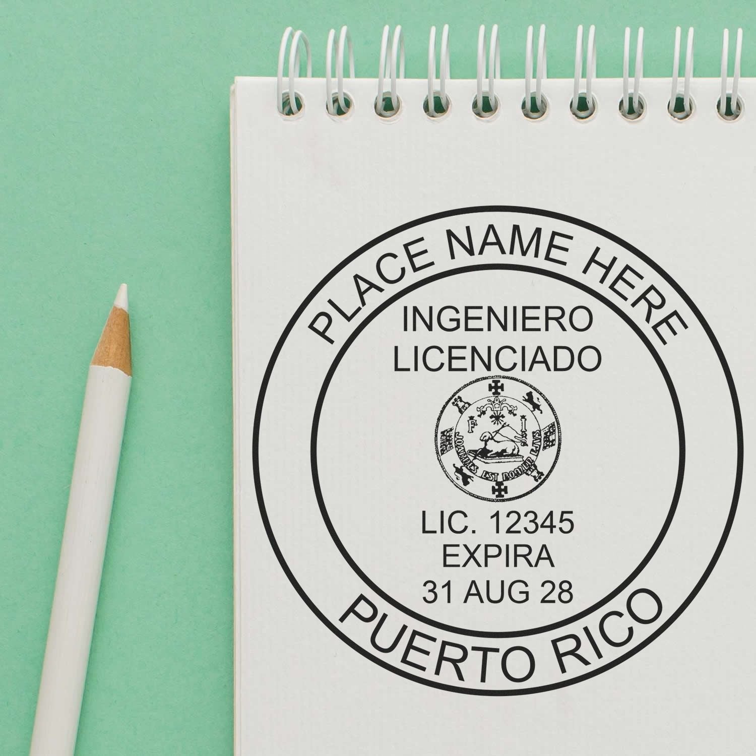 A stamped impression of the Self-Inking Puerto Rico PE Stamp in this stylish lifestyle photo, setting the tone for a unique and personalized product.