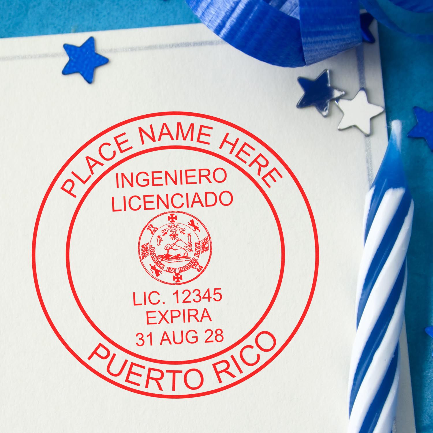 A photograph of the Slim Pre-Inked Puerto Rico Professional Engineer Seal Stamp stamp impression reveals a vivid, professional image of the on paper.