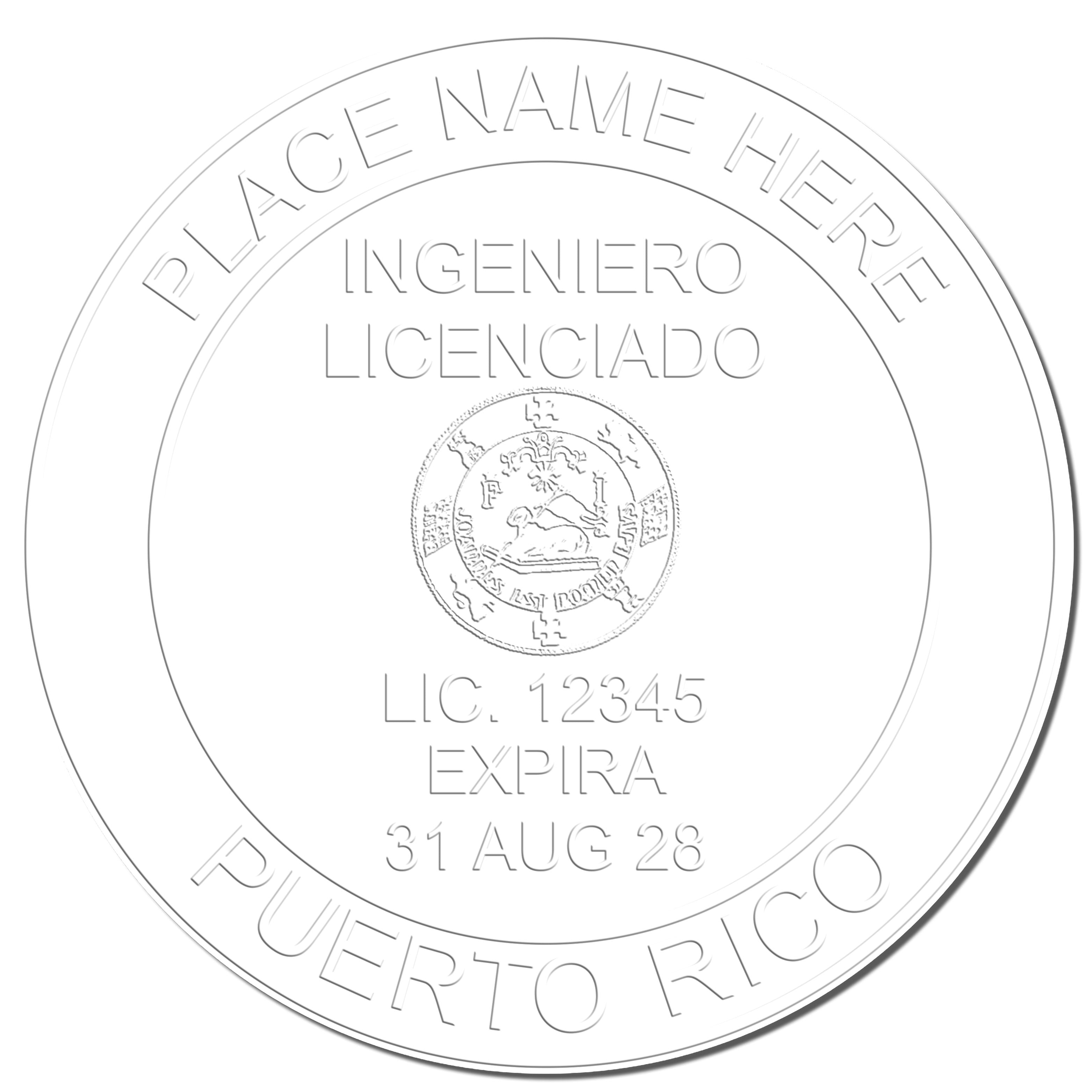 This paper is stamped with a sample imprint of the Heavy Duty Cast Iron Puerto Rico Engineer Seal Embosser, signifying its quality and reliability.