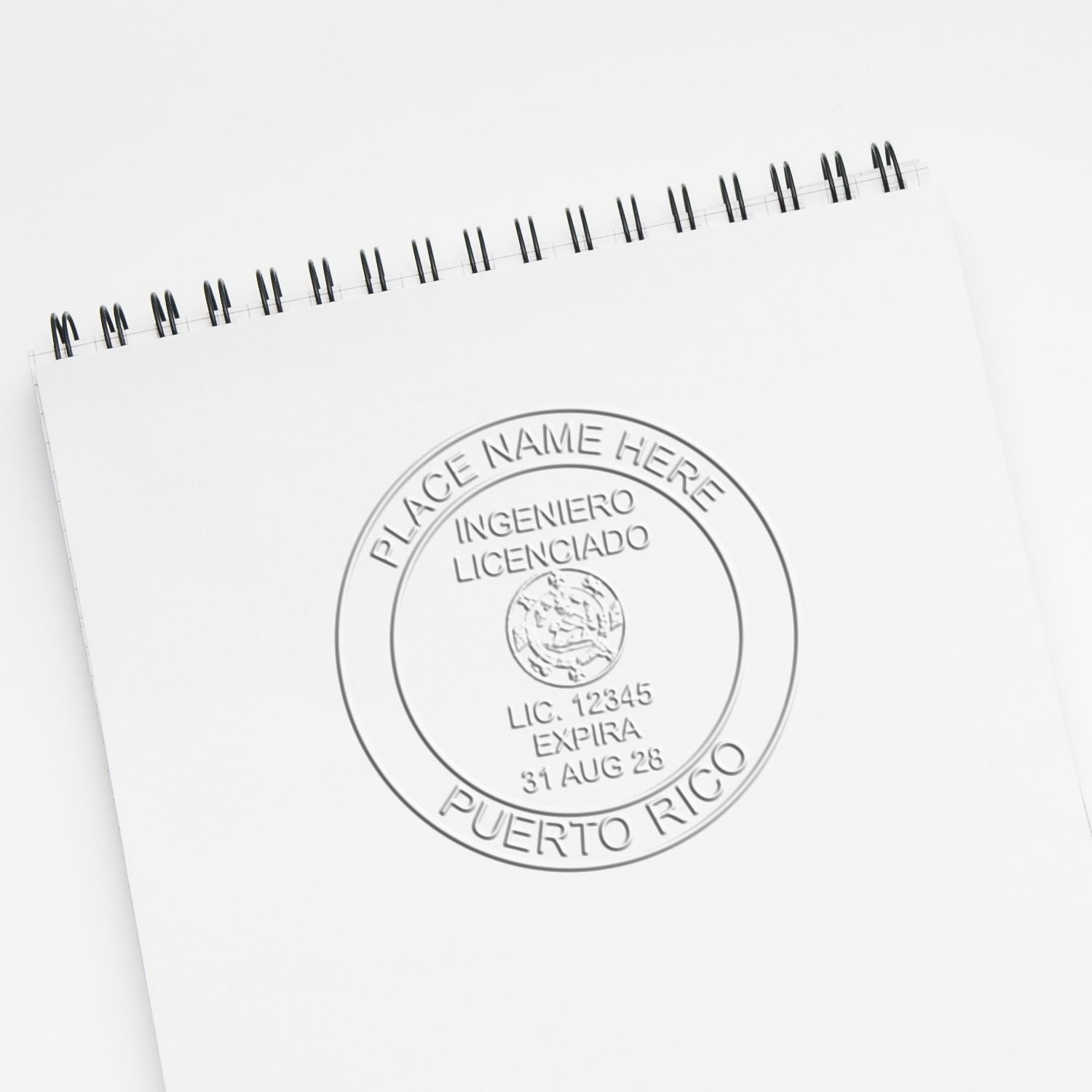 A photograph of the Heavy Duty Cast Iron Puerto Rico Engineer Seal Embosser stamp impression reveals a vivid, professional image of the on paper.