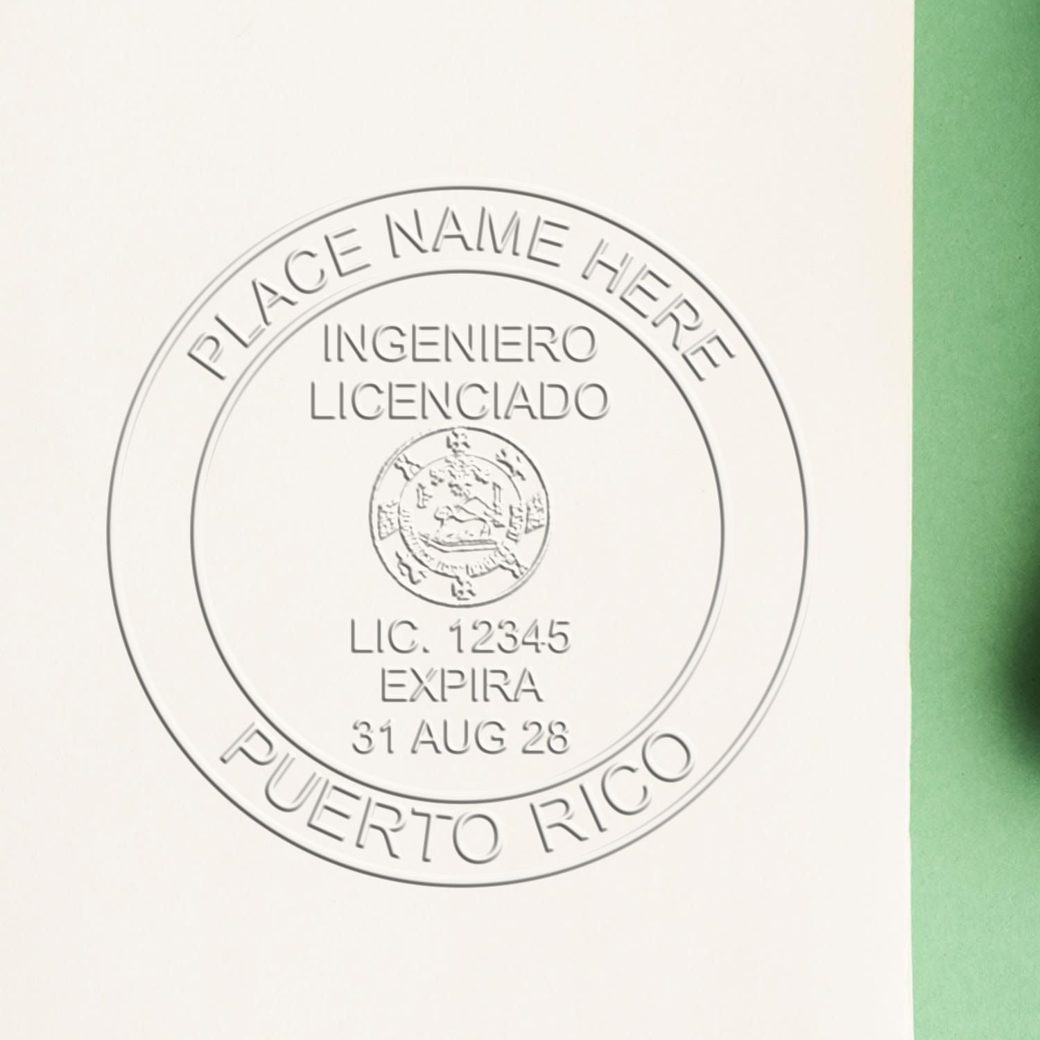 A photograph of the Hybrid Puerto Rico Engineer Seal stamp impression reveals a vivid, professional image of the on paper.