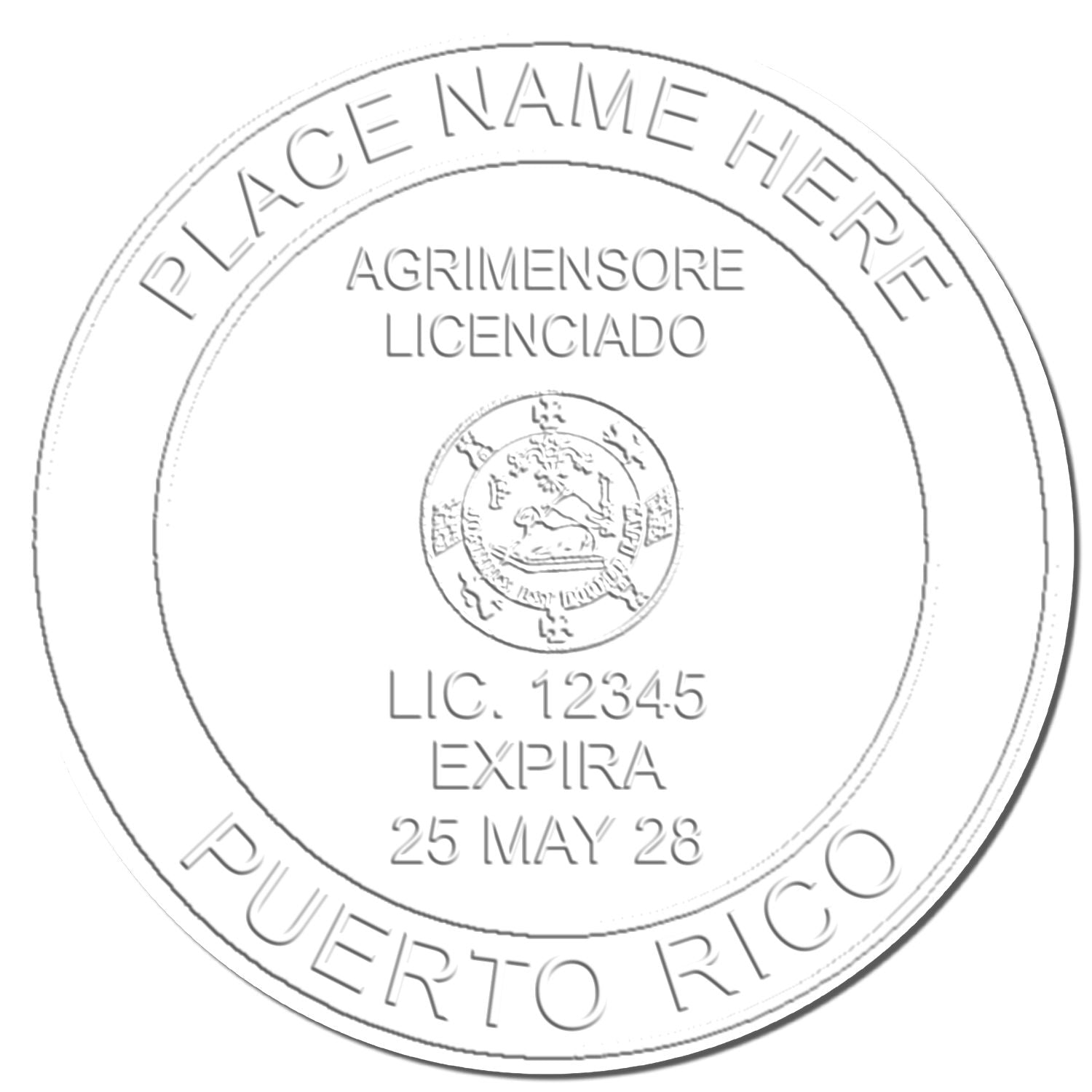 This paper is stamped with a sample imprint of the State of Puerto Rico Soft Land Surveyor Embossing Seal, signifying its quality and reliability.