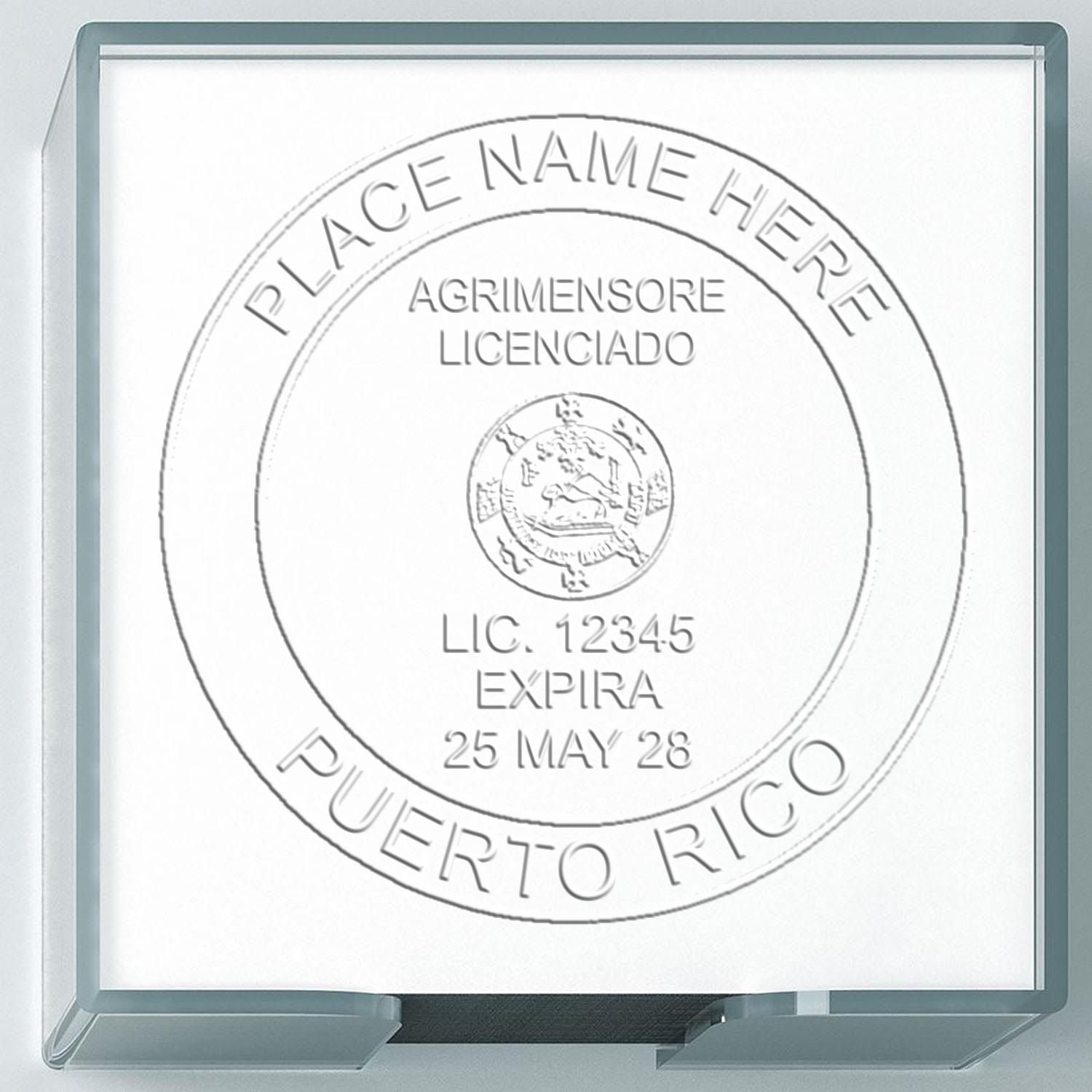 A stamped impression of the Puerto Rico Desk Surveyor Seal Embosser in this stylish lifestyle photo, setting the tone for a unique and personalized product.