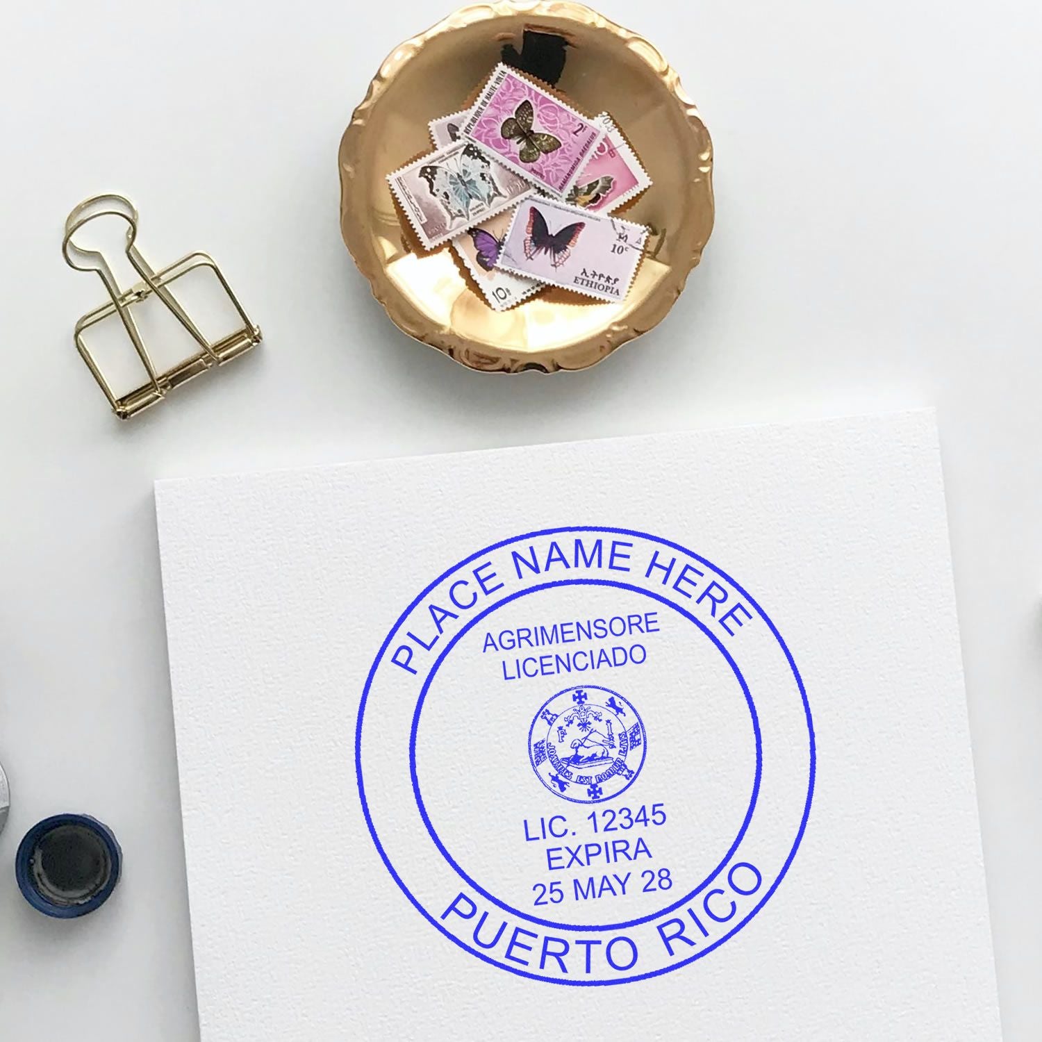 A lifestyle photo showing a stamped image of the Slim Pre-Inked Puerto Rico Land Surveyor Seal Stamp on a piece of paper