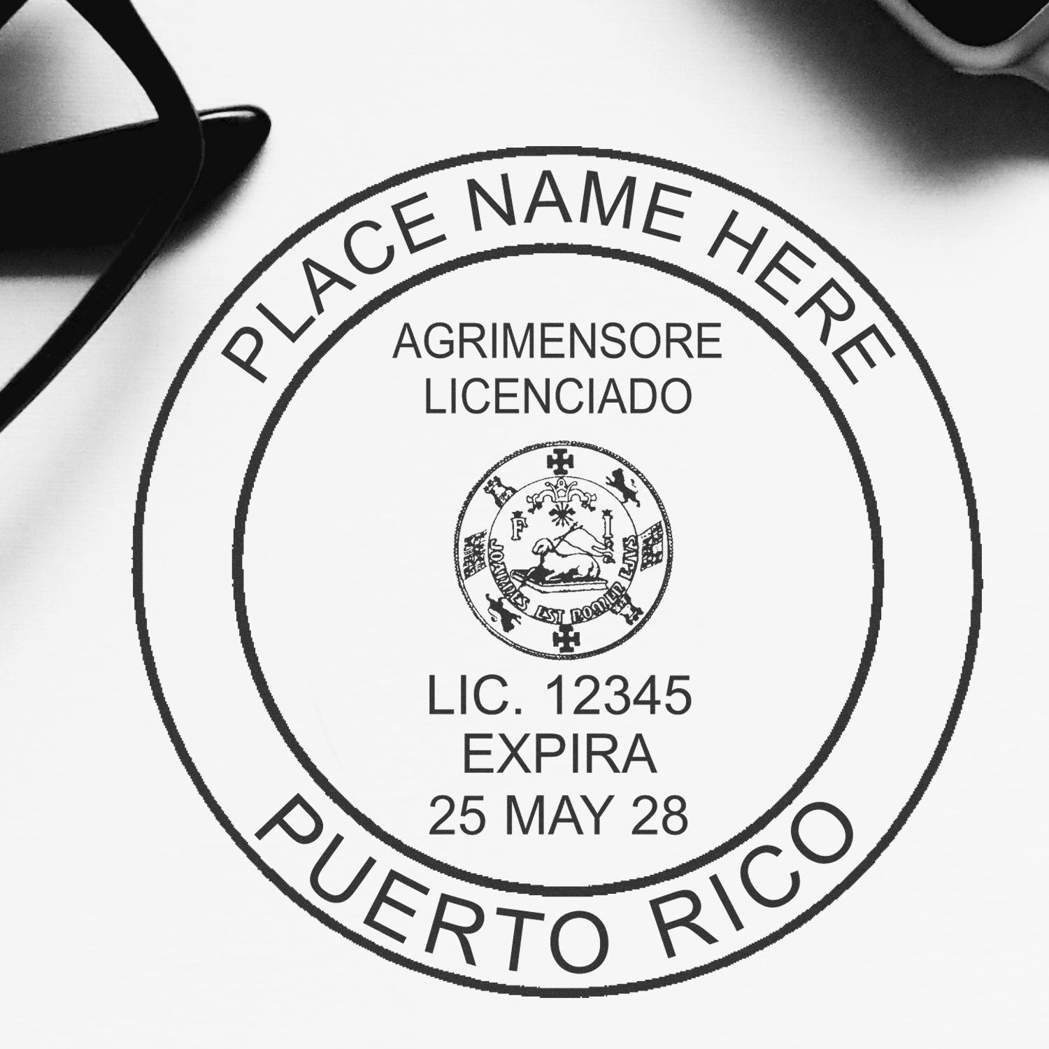 A lifestyle photo showing a stamped image of the Slim Pre-Inked Puerto Rico Land Surveyor Seal Stamp on a piece of paper