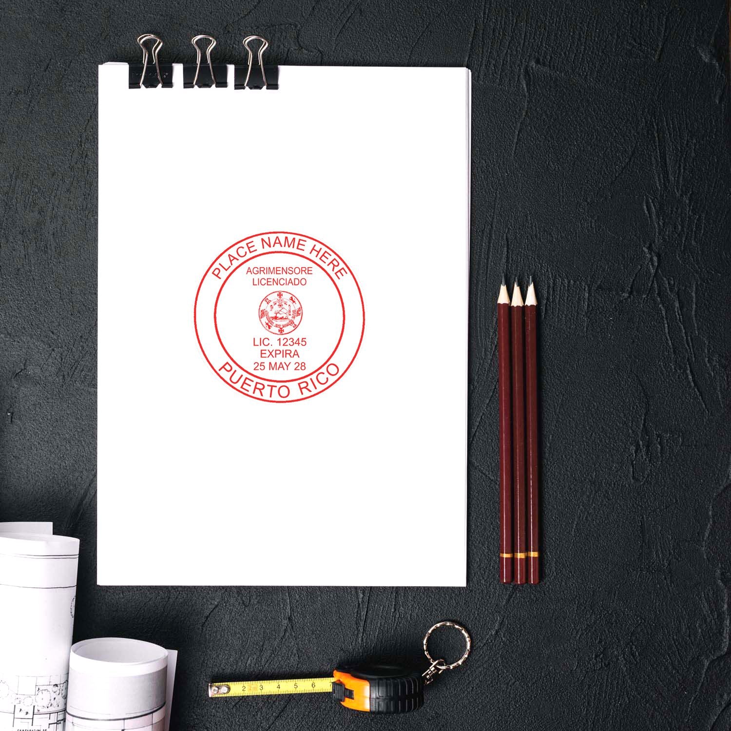 The Slim Pre-Inked Puerto Rico Land Surveyor Seal Stamp stamp impression comes to life with a crisp, detailed photo on paper - showcasing true professional quality.