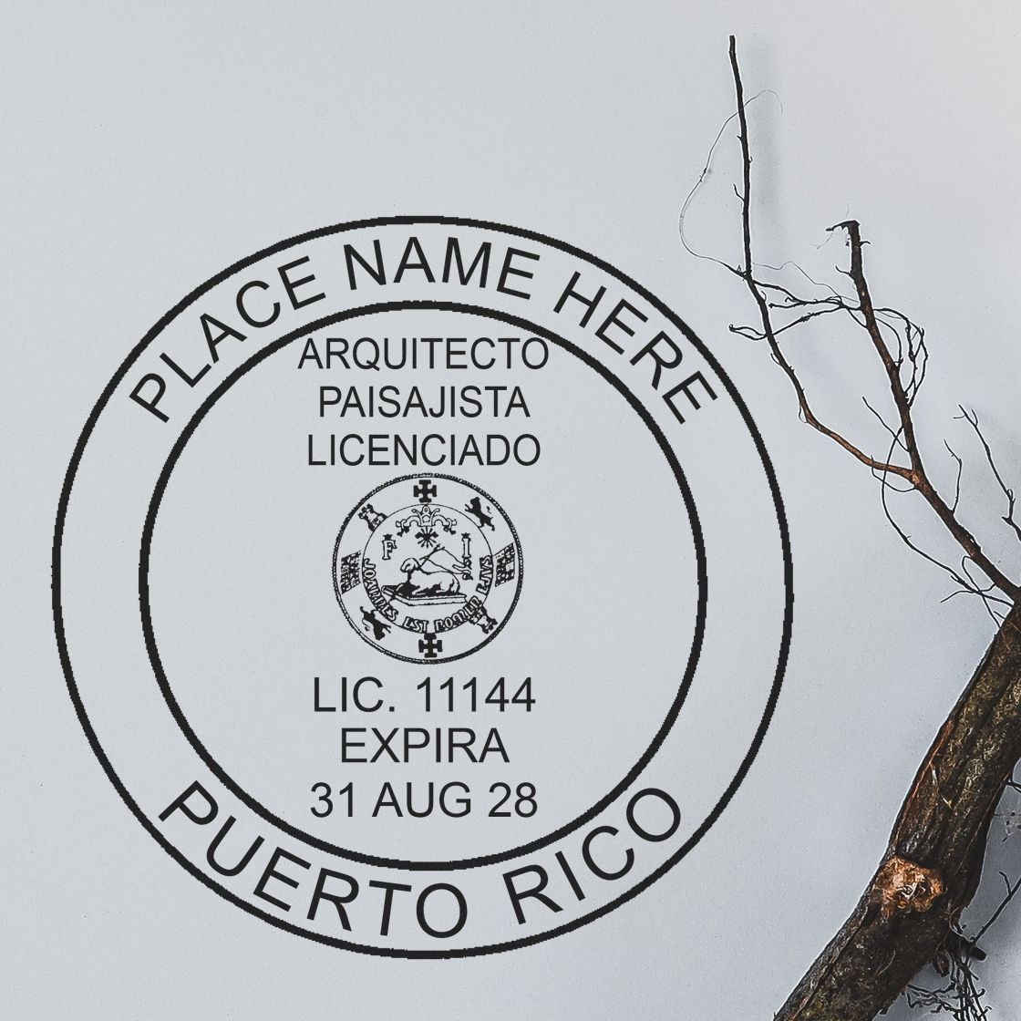 A lifestyle photo showing a stamped image of the Digital Puerto Rico Landscape Architect Stamp on a piece of paper