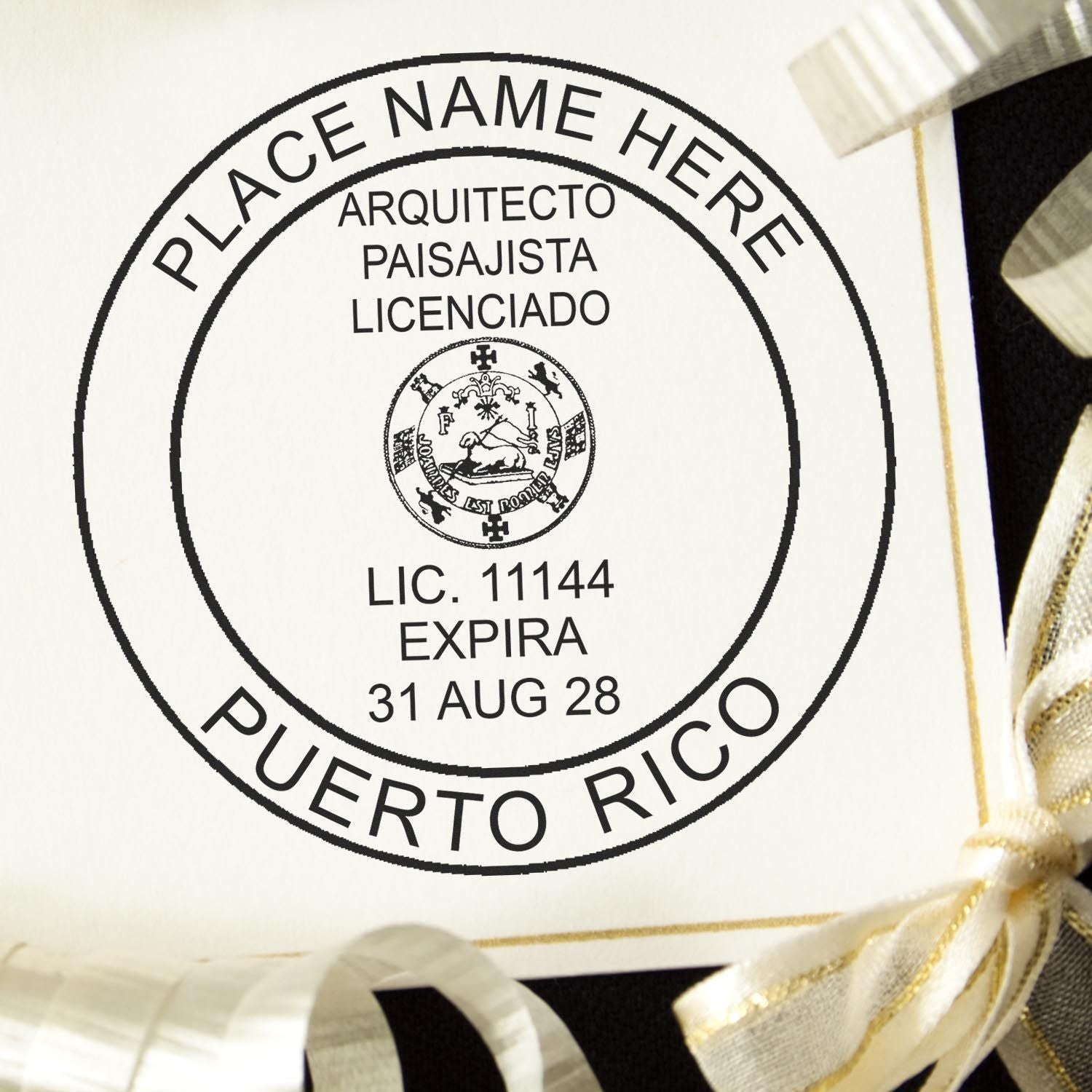 A stamped impression of the Self-Inking Puerto Rico Landscape Architect Stamp in this stylish lifestyle photo, setting the tone for a unique and personalized product.
