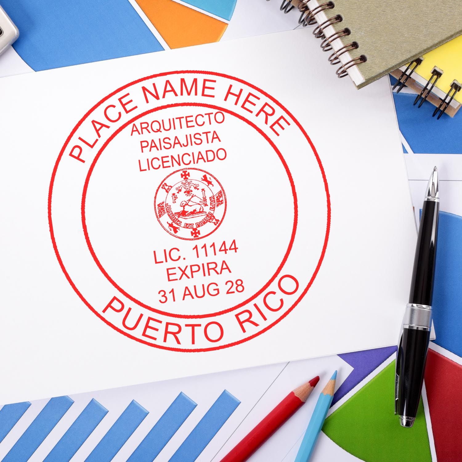 A photograph of the Digital Puerto Rico Landscape Architect Stamp stamp impression reveals a vivid, professional image of the on paper.