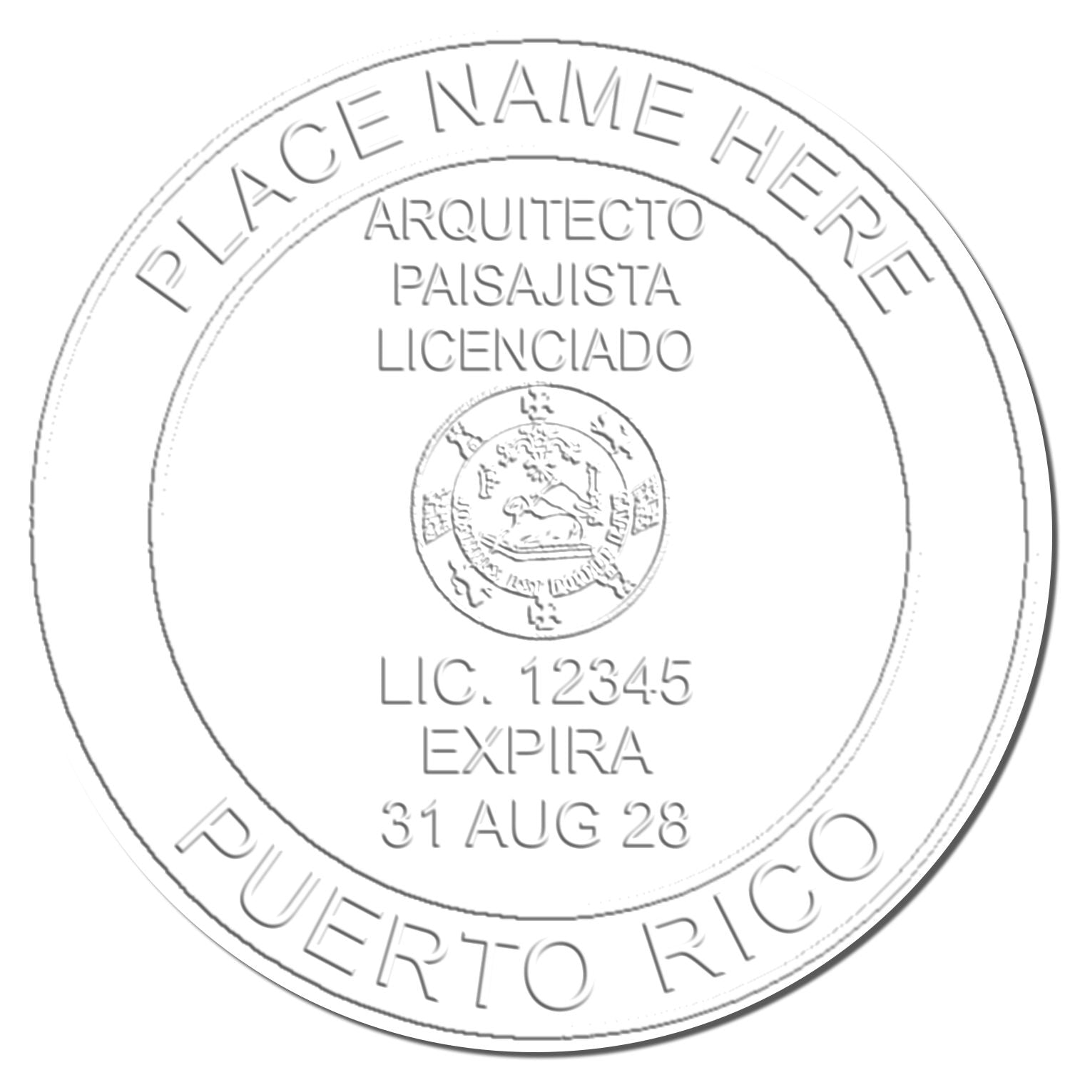 This paper is stamped with a sample imprint of the Puerto Rico Long Reach Landscape Architect Embossing Stamp, signifying its quality and reliability.