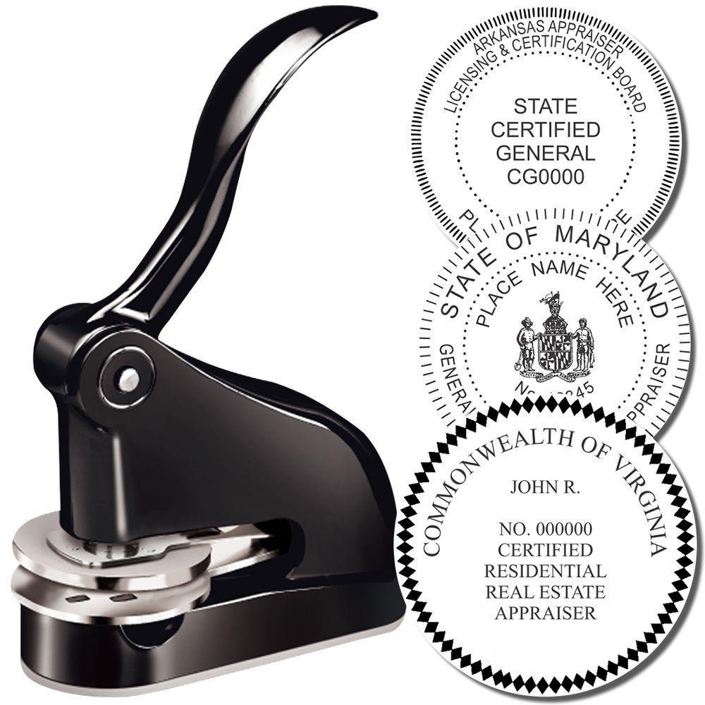 Real Estate Appraiser Black Gift Seal Embosser with a sleek black handle and sample embossed seals from Arkansas, Maryland, and Virginia.