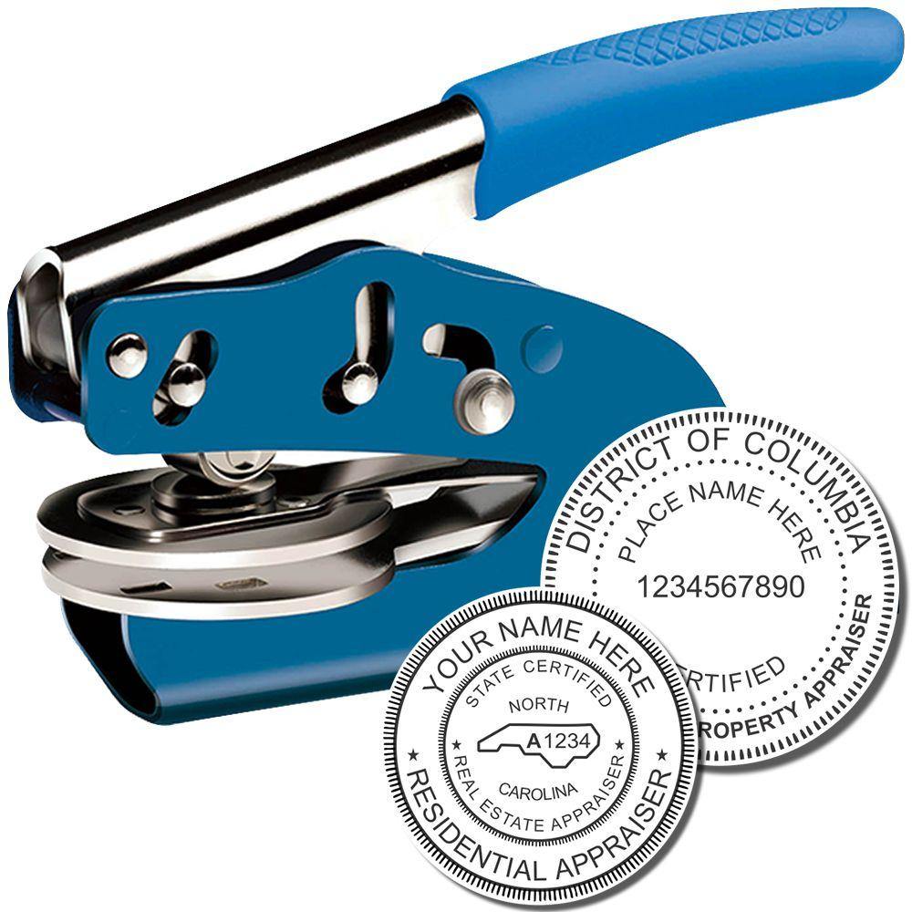 Real Estate Appraiser Blue Soft Seal Embosser with a blue handle and two sample embossed seals showing detailed certification information.