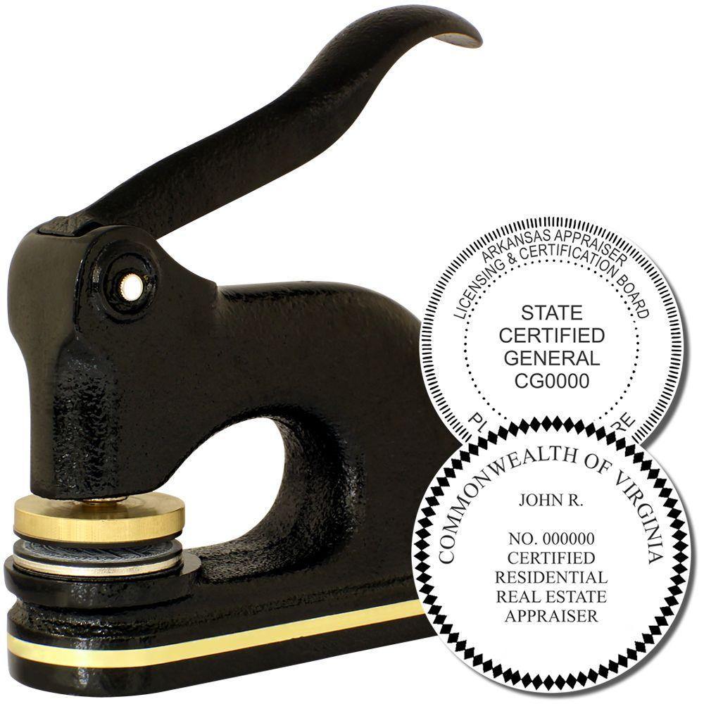 Real Estate Appraiser Cast Iron Desk Seal Embosser in black with a gold accent, shown with embossed seals for state certification and real estate appraisal.