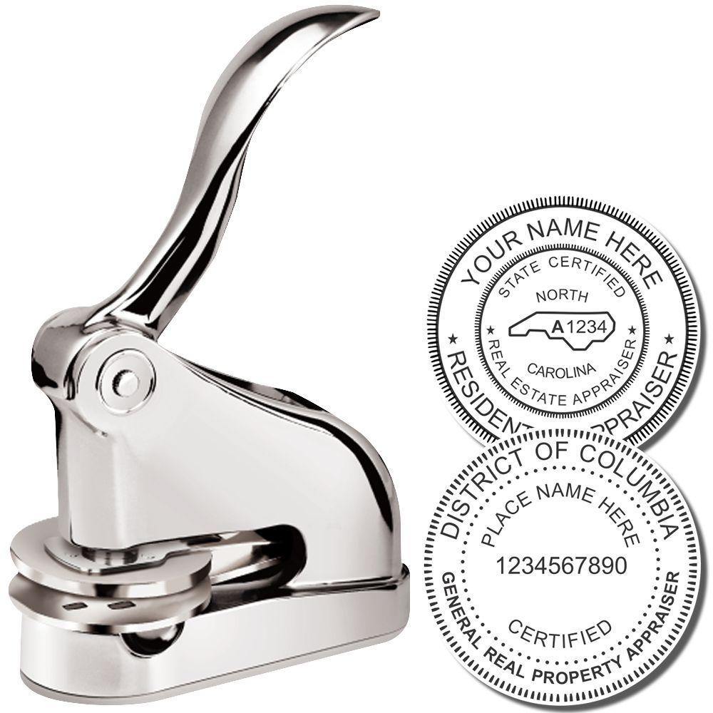 Real Estate Appraiser Chrome Gift Seal Embosser shown with sample embossed seals for certification and property appraisal.