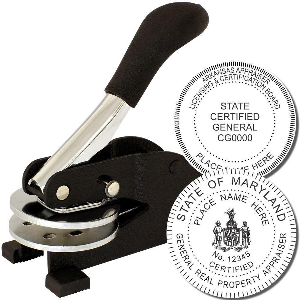 Real Estate Appraiser Desk Seal Embosser with a black handle and two sample embossed seals for state certification and general property appraisal.