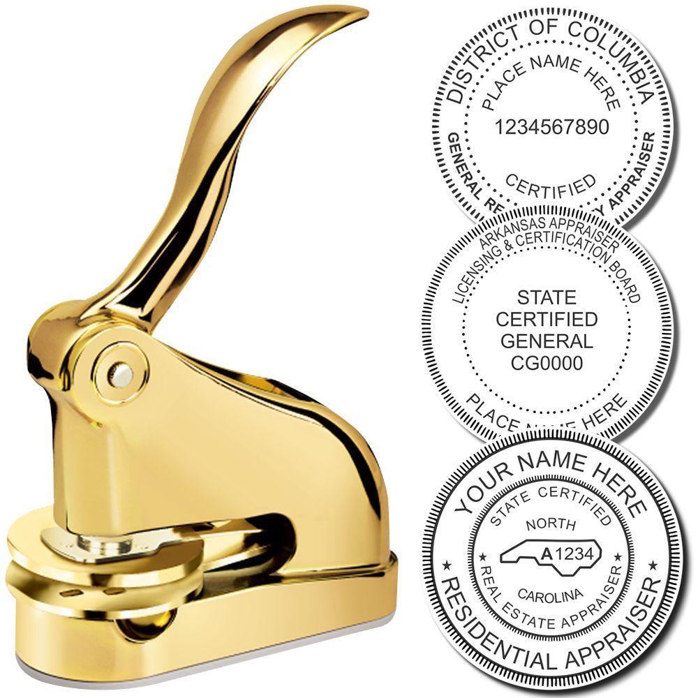 Real Estate Appraiser Gold Gift Seal Embosser with a sleek gold design, shown with sample embossed seals for various certifications.