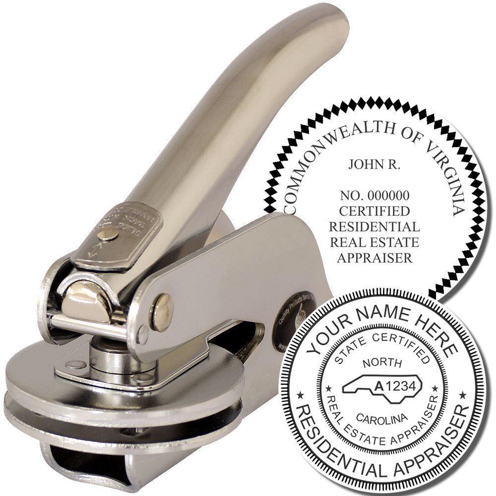 Real Estate Appraiser Handheld Seal Embosser with a metallic handle, shown with two sample embossed seals for certified residential appraisers.