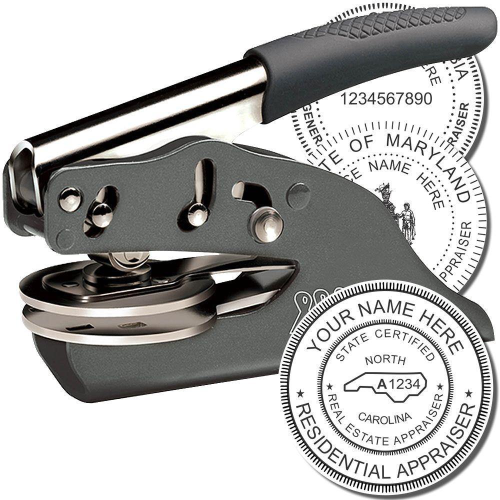 Real Estate Appraiser Soft Seal Embosser with a black handle and metal body, shown with sample embossed seals for appraisers.